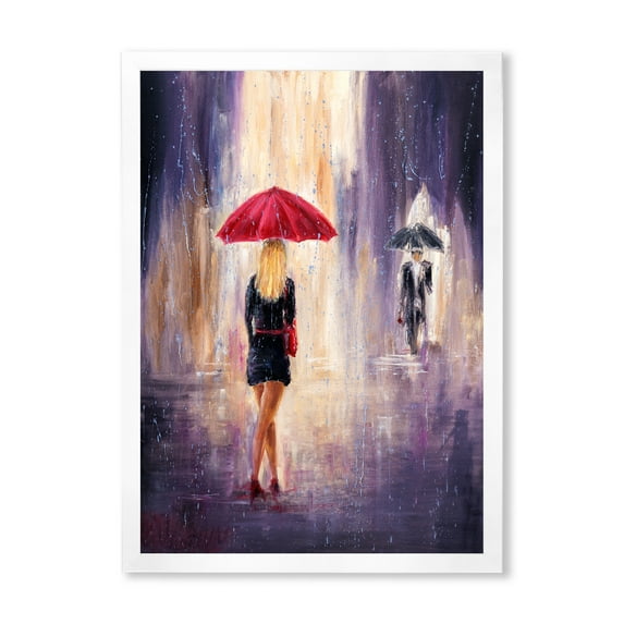 Designart 'The Girl With The Umbrella Walking In The Rain II' French Country Framed Art Print