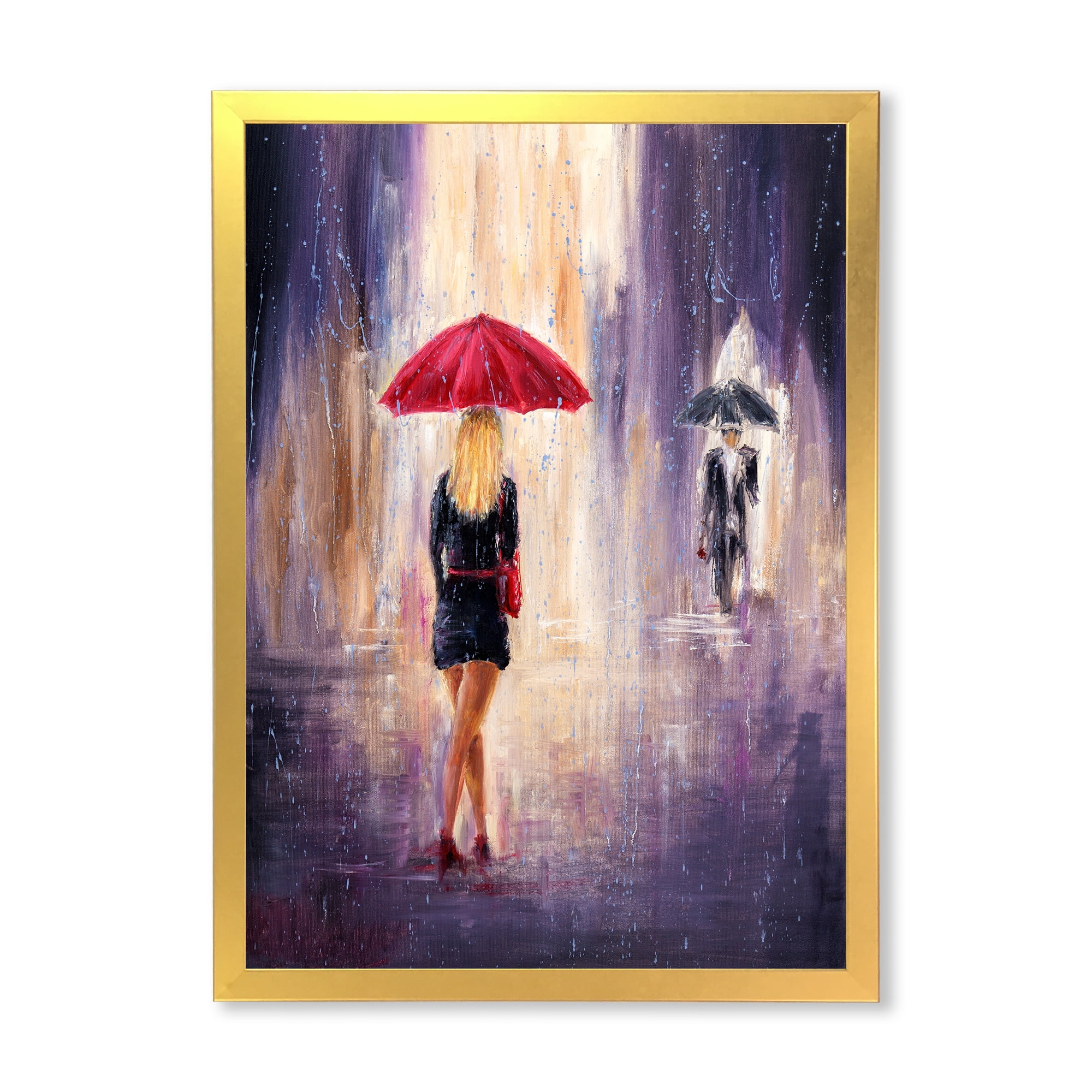 Designart 'The Girl With The Umbrella Walking In The Rain II' French Country Framed Art Print
