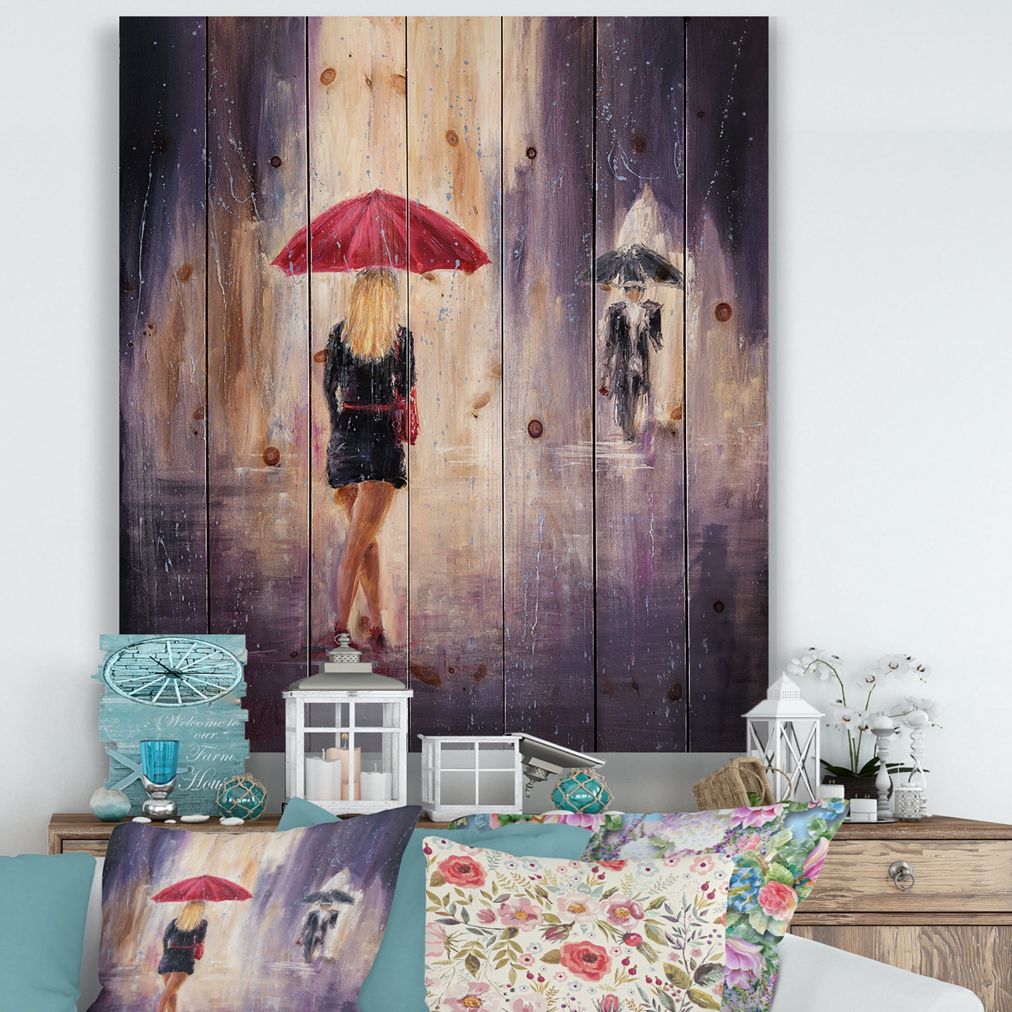 Designart 'The Girl With The Umbrella Walking In The Rain II' French Country Print on Natural Pine Wood
