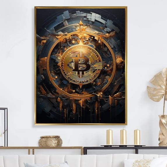 Designart "The Glorious Genesis Of Golden Bitcoin I" Fashion Bitcoin Floater Framed Wall Decor