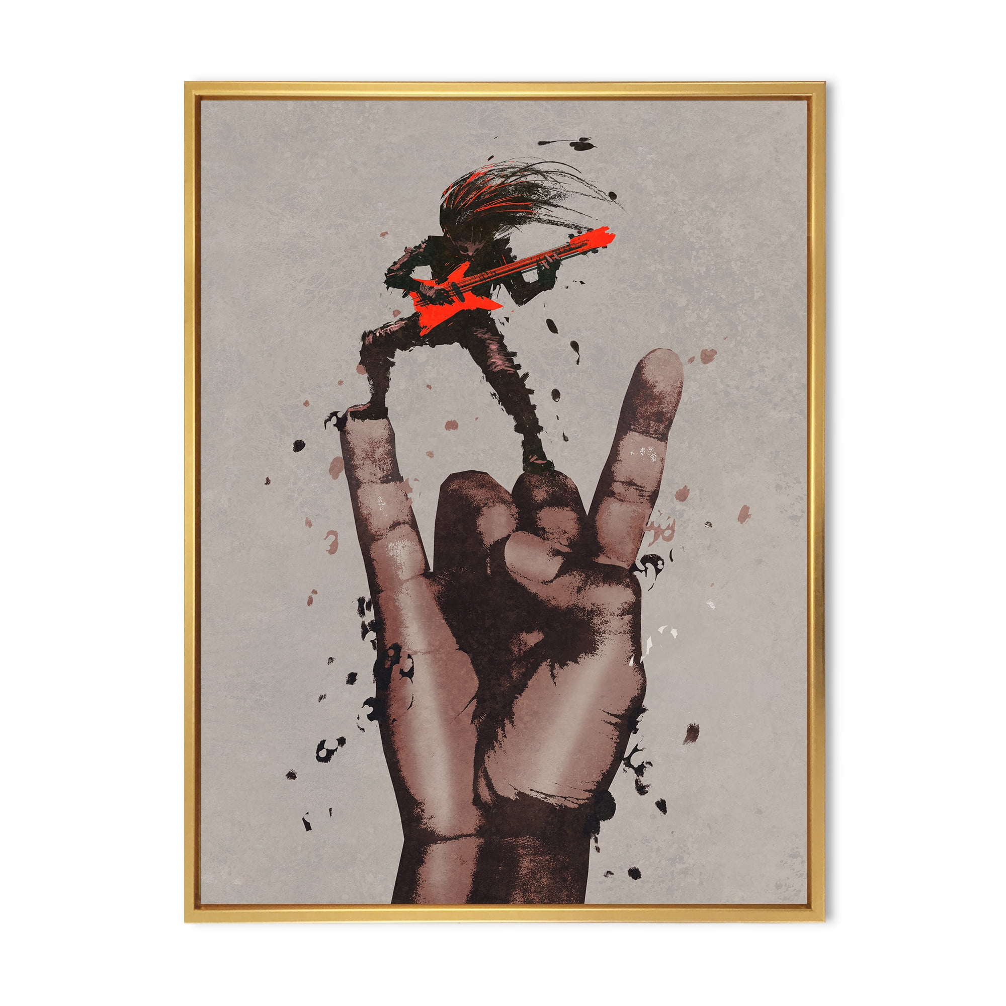 Designart 'The Guitarist On Rock and Roll Sign' Modern Framed Canvas Wall Art Print