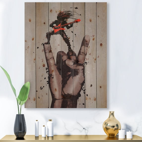 Designart 'The Guitarist On Rock and Roll Sign' Modern Print on Natural Pine Wood