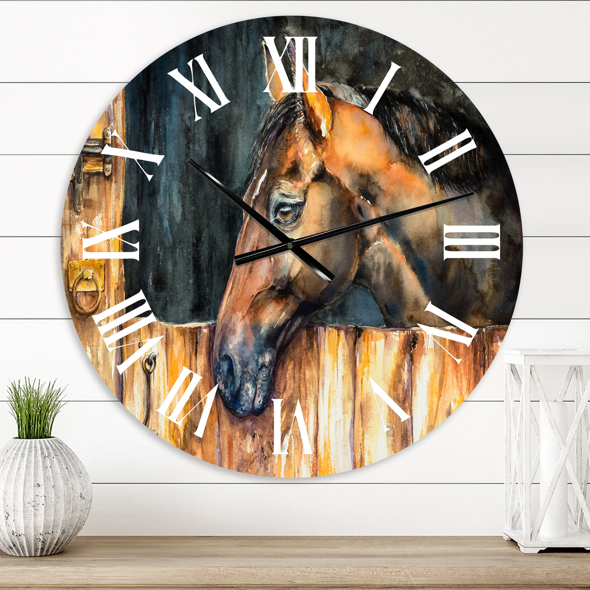 Designart 'The Head Of A Horse In Stable' Farmhouse Wall Clock