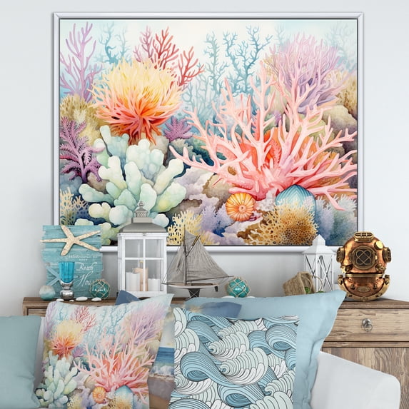 Designart "The Heavenly Color Palette Of The Coral Reef II" Coastal Coral Under Water Floater Framed Canvas Art Print
