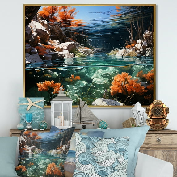 Designart "The Kingdom Of Coral And Anemones II" Coastal Coral Under Water Floater Framed Wall Decor