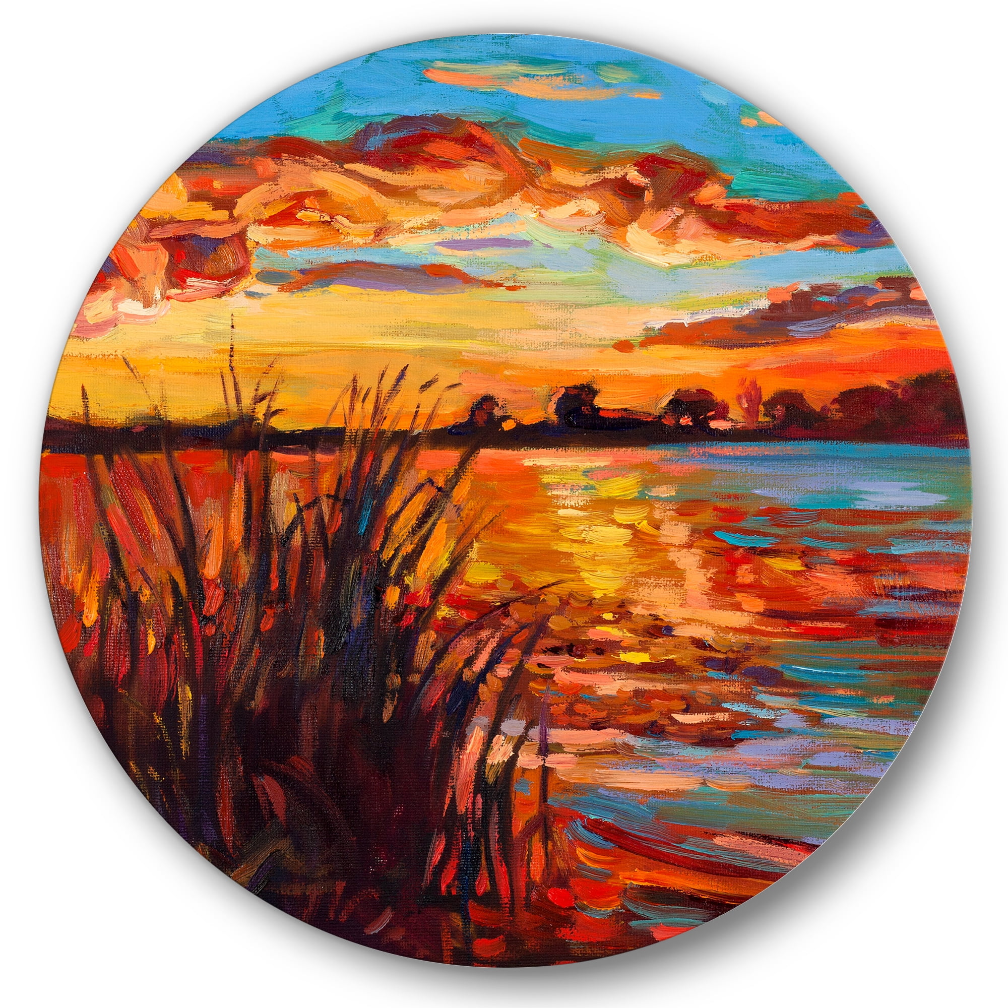 Designart 'The Lake At Sunset Evening Glow I' Nautical & Coastal Circle Metal Wall Art 29x29 - Disc of 29