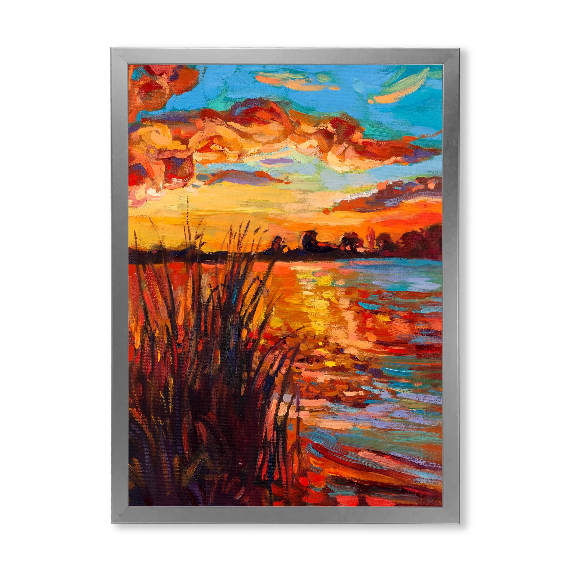 Designart 'The Lake At Sunset Evening Glow I' Nautical & Coastal Framed Art Print