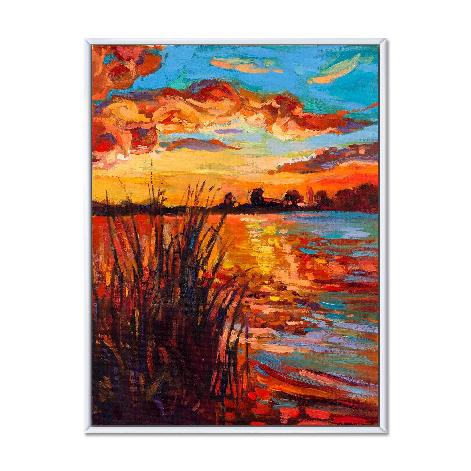 Designart 'The Lake At Sunset Evening Glow I' Nautical & Coastal Framed Canvas Wall Art Print