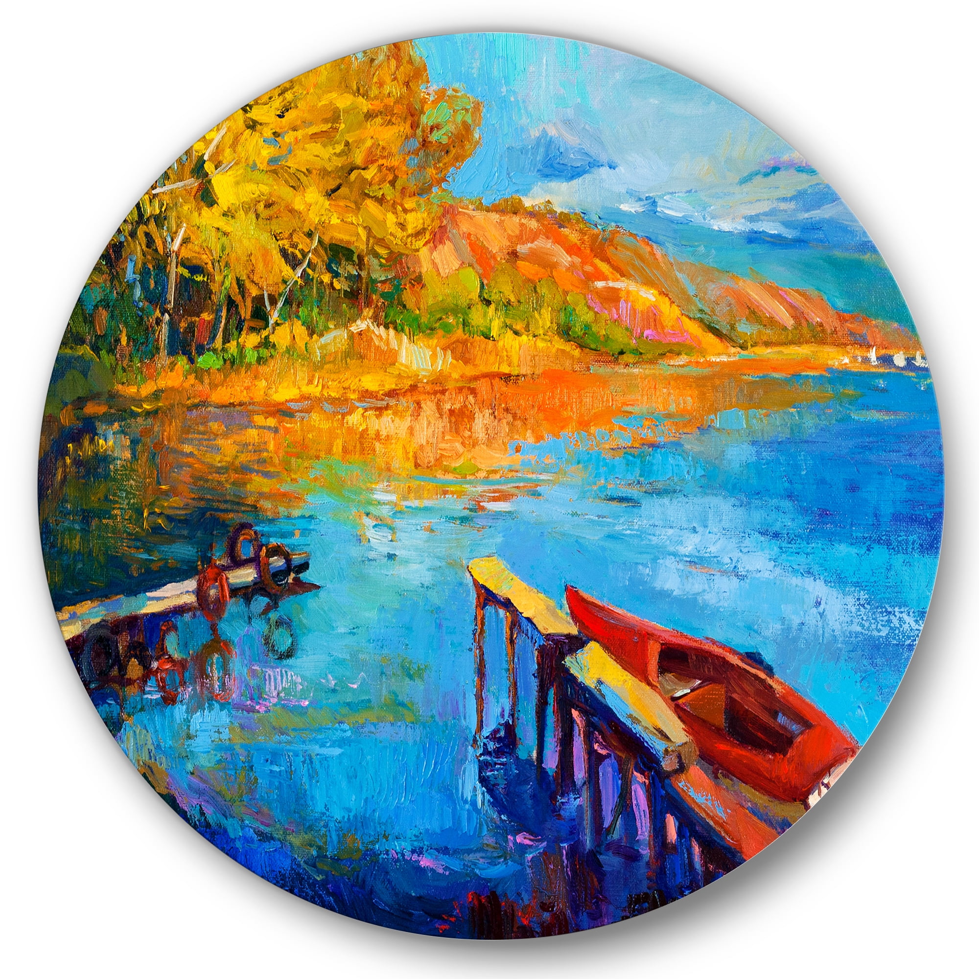Designart 'The Lake At Sunset Evening Glow II' Lake House Circle Metal Wall Art 23x23 - Disc of 23