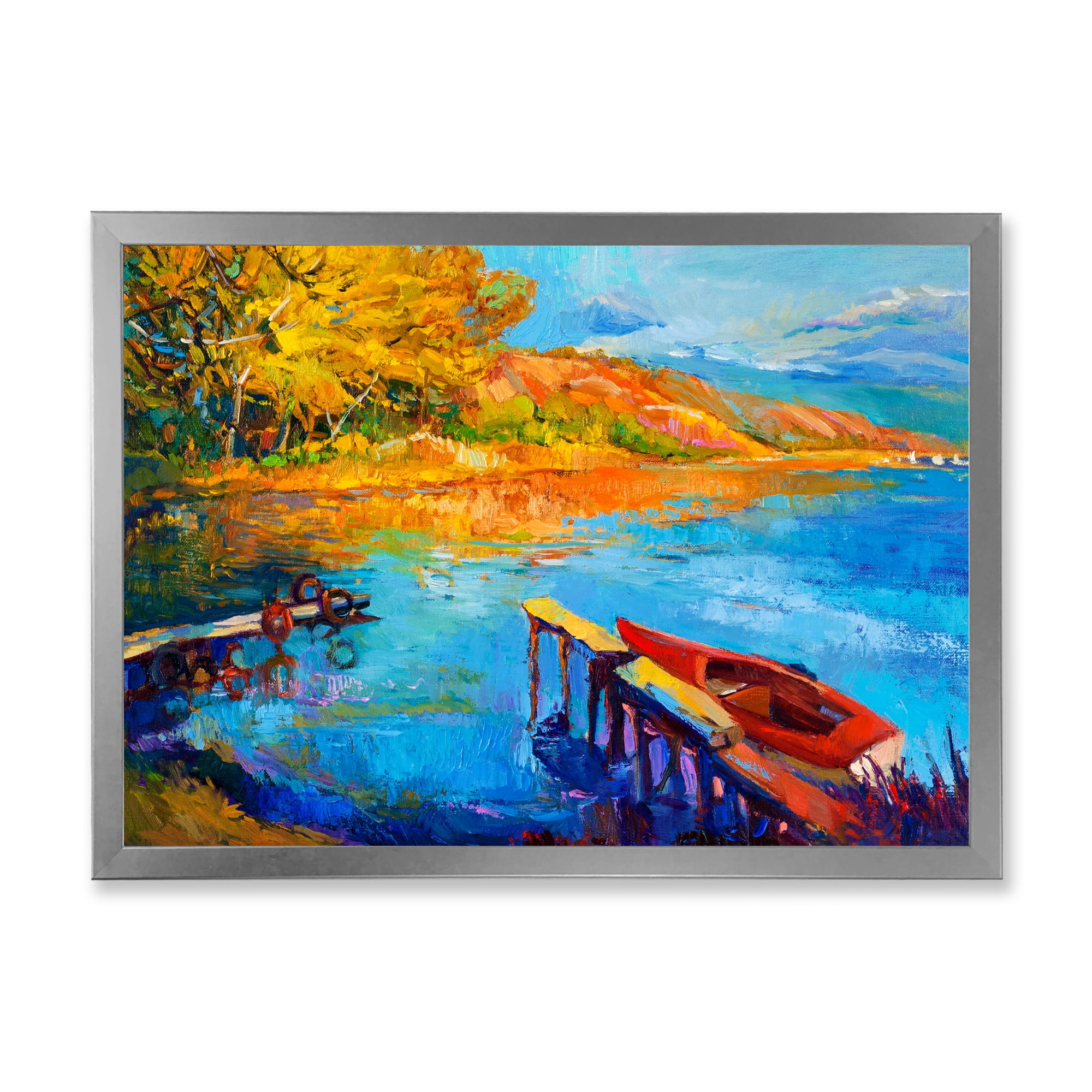 Designart 'The Lake At Sunset Evening Glow II' Lake House Framed Art Print