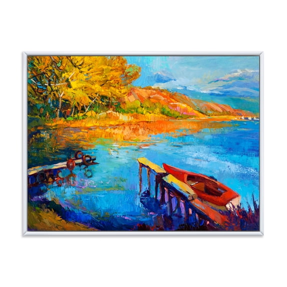 Designart 'The Lake At Sunset Evening Glow II' Lake House Framed Canvas Wall Art Print