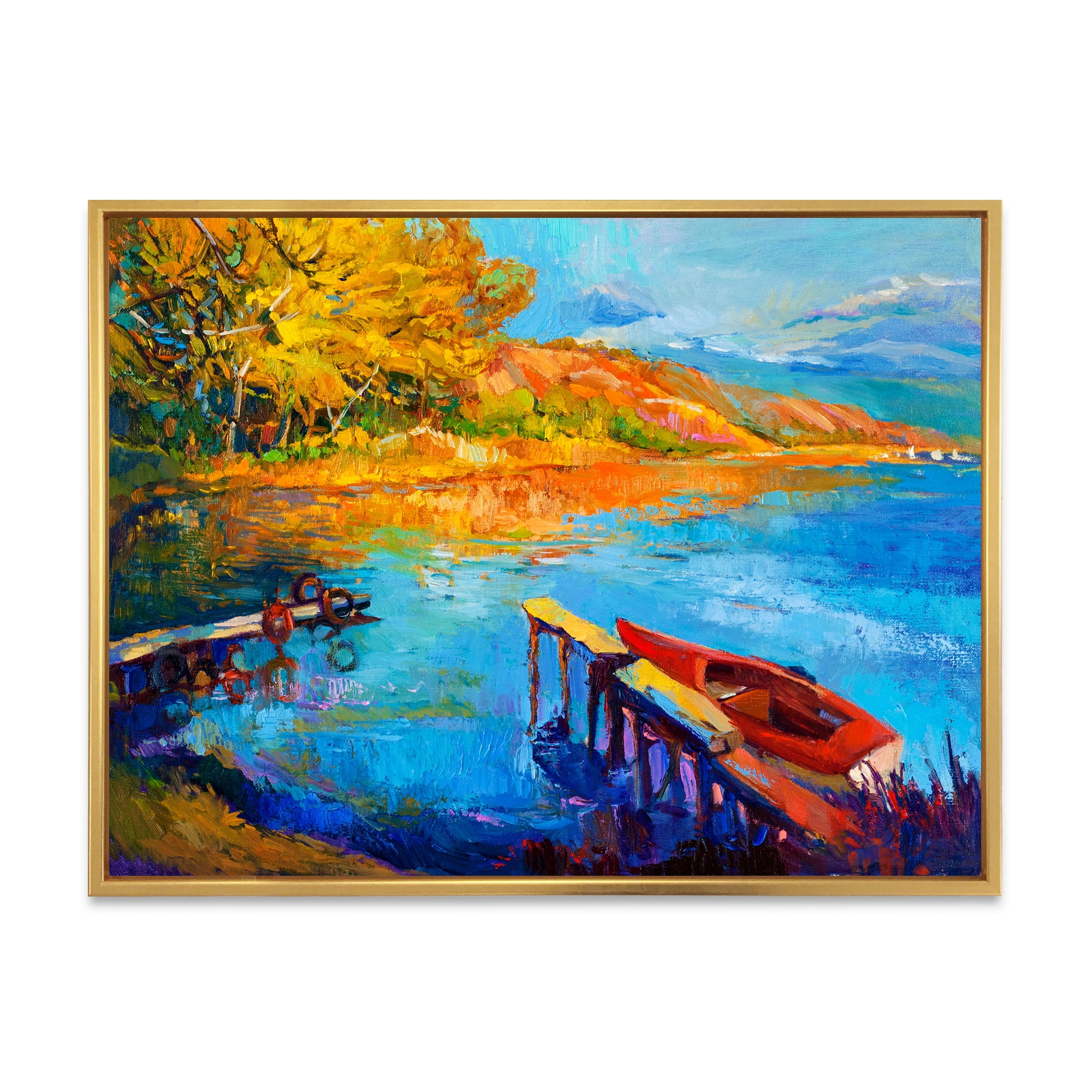 Designart 'The Lake At Sunset Evening Glow II' Lake House Framed Canvas Wall Art Print