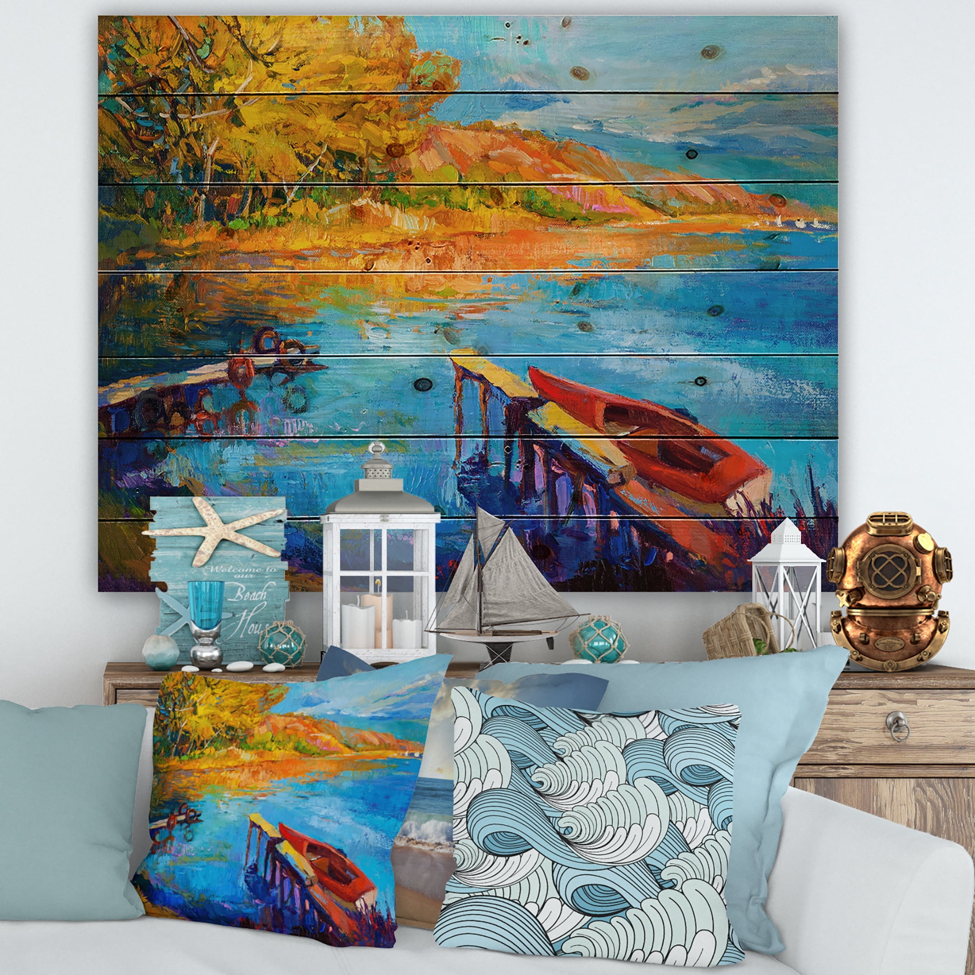 Designart 'The Lake At Sunset Evening Glow II' Lake House Print on Natural Pine Wood