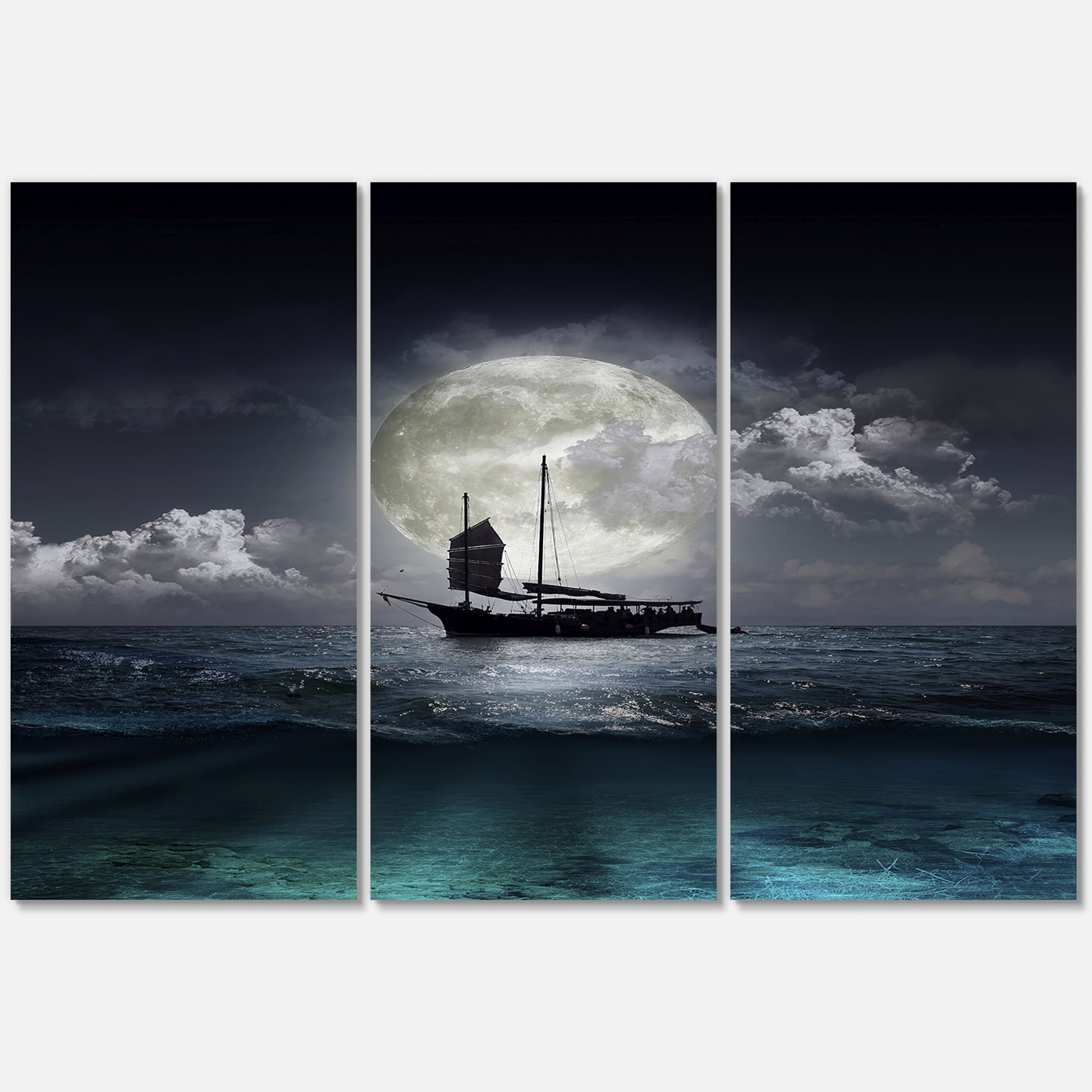 Designart ' The Lake During Full Moon With Fisher Boat ' Nautical & Coastal Canvas Wall Art Print