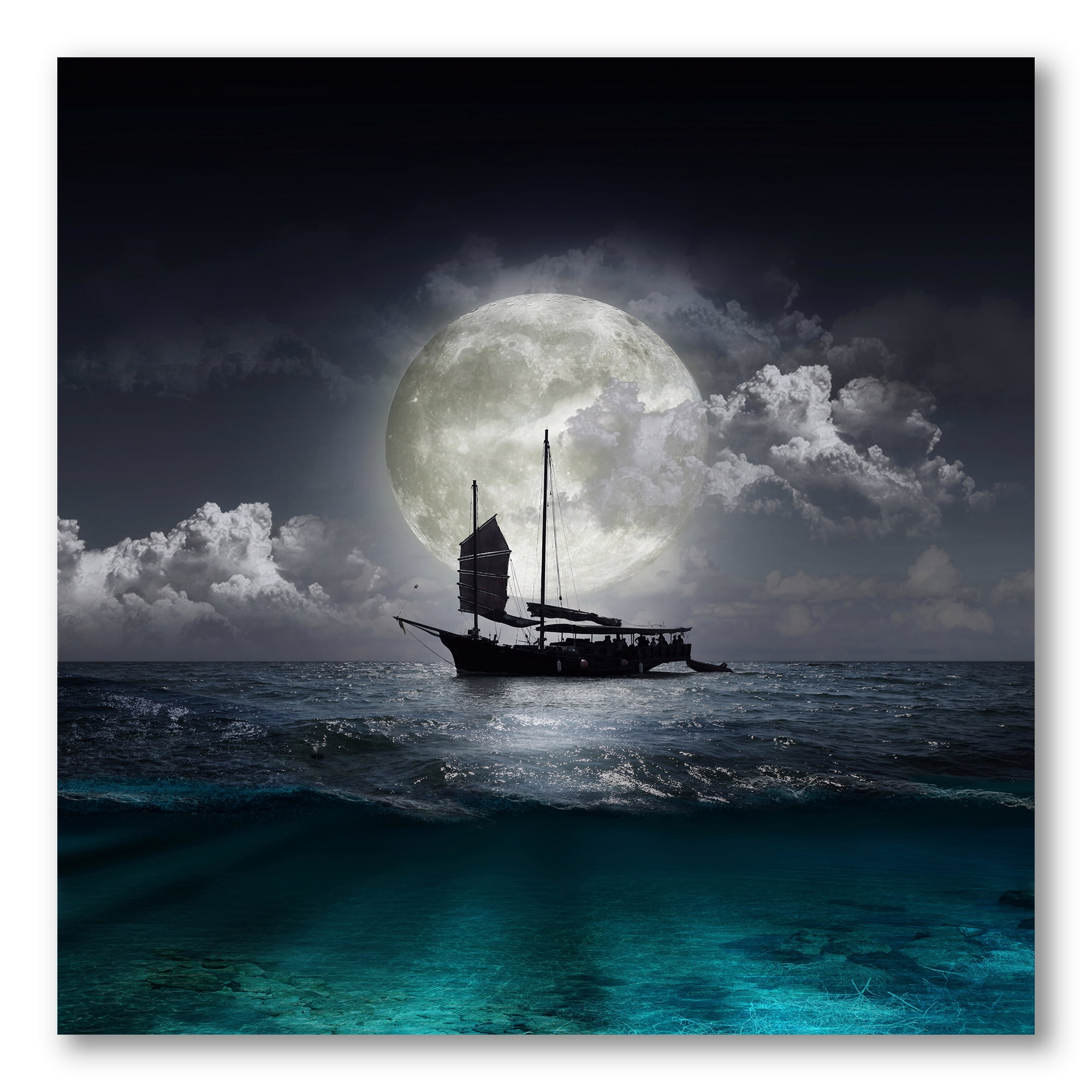 Designart ' The Lake During Full Moon With Fisher Boat ' Nautical & Coastal Canvas Wall Art Print