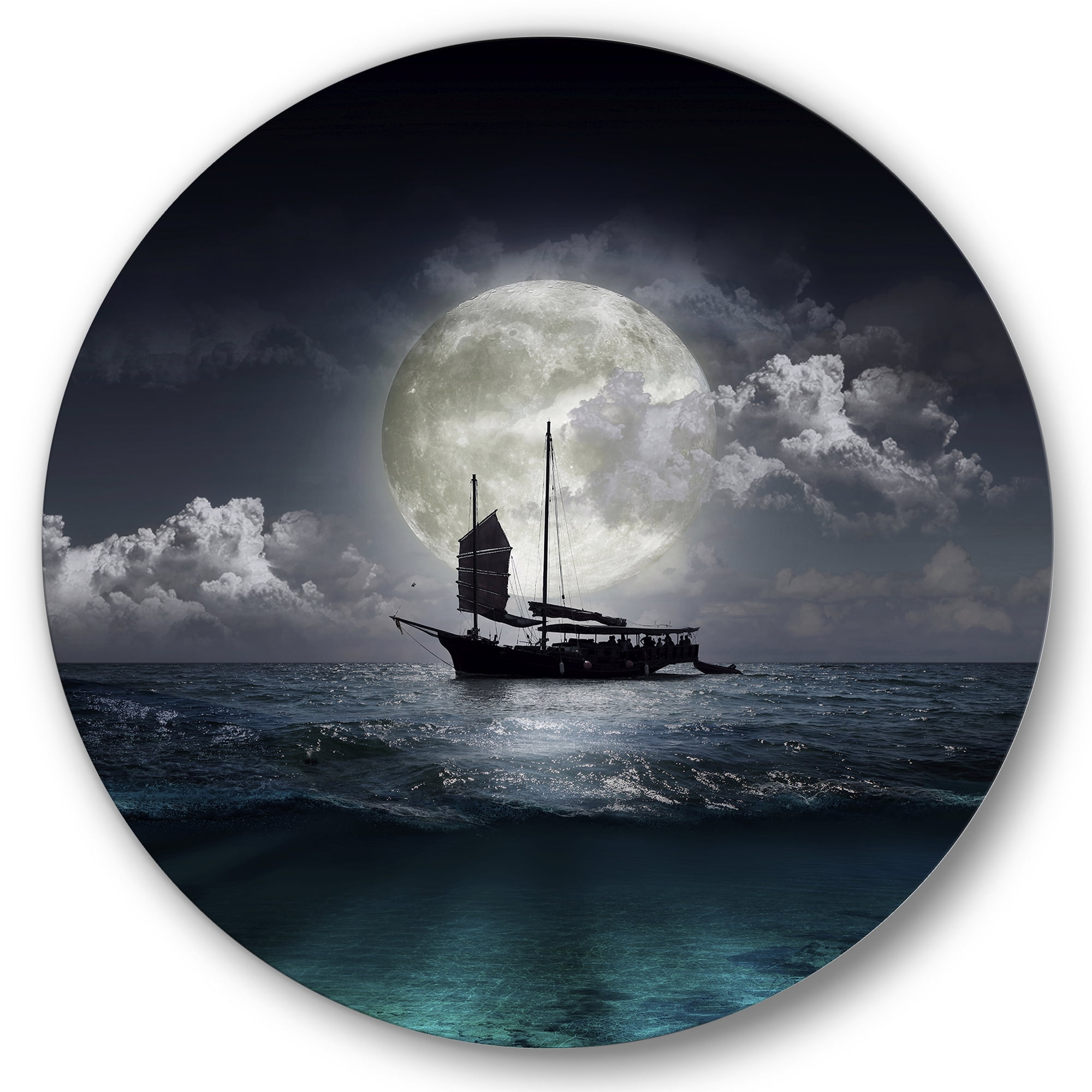 Designart 'The Lake During Full Moon With Fisher Boat' Nautical & Coastal Circle Metal Wall Art 23x23 - Disc of 23