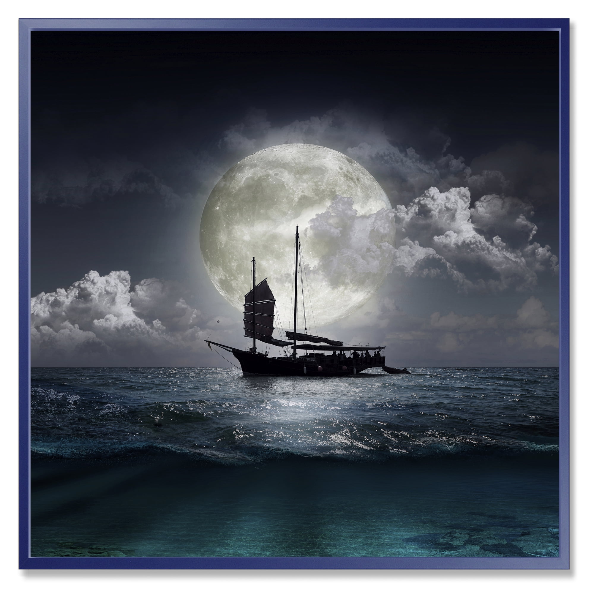 Designart 'The Lake During Full Moon With Fisher Boat' Nautical & Coastal Framed Canvas Wall Art Print