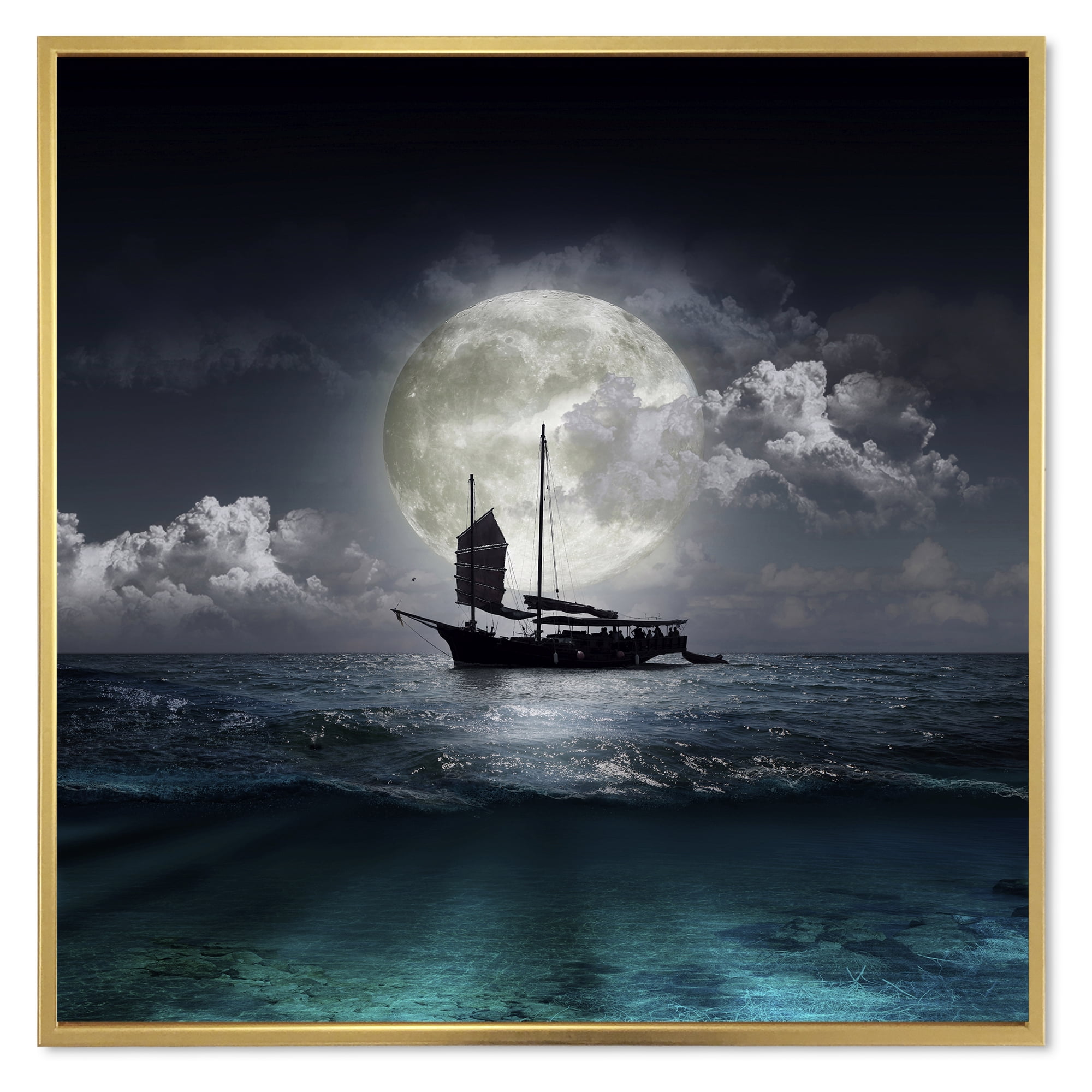 Designart 'The Lake During Full Moon With Fisher Boat' Nautical & Coastal Framed Canvas Wall Art Print