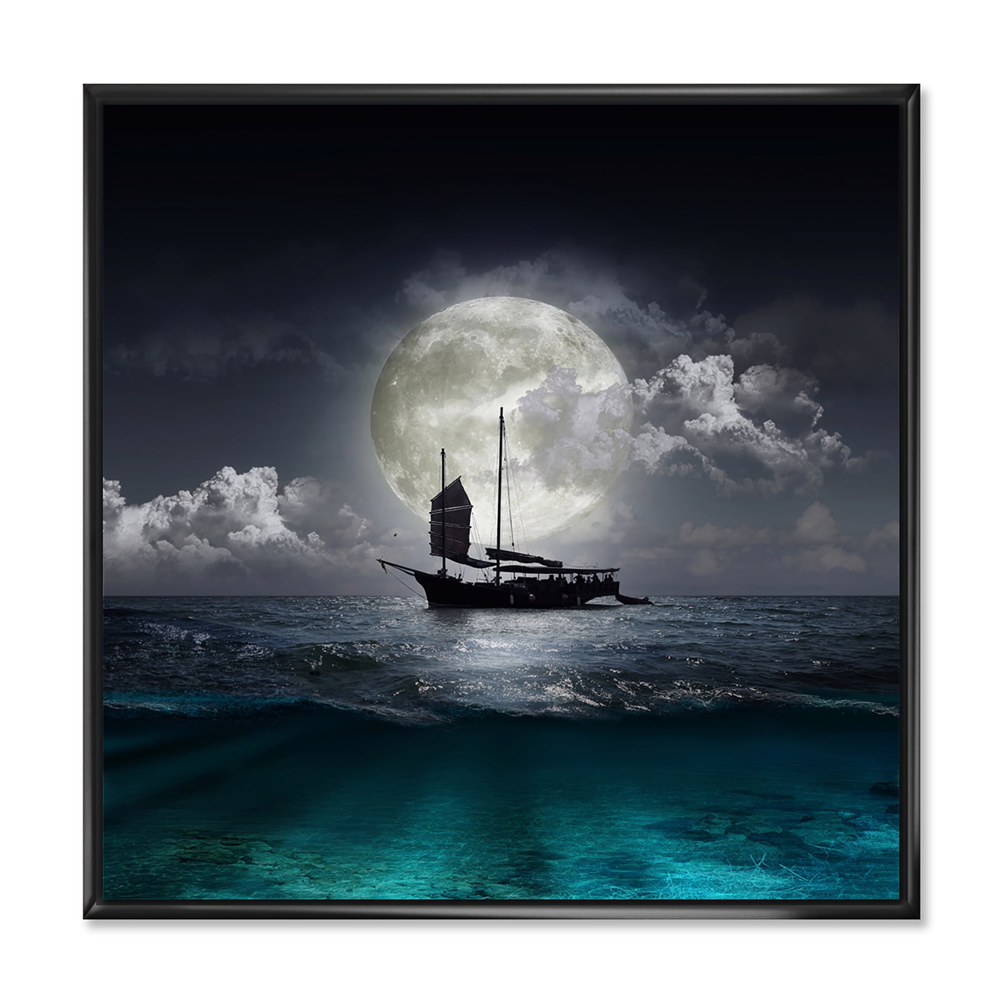 Designart 'The Lake During Full Moon With Fisher Boat' Nautical & Coastal Framed Canvas Wall Art Print