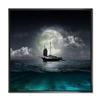 Designart 'The Lake During Full Moon With Fisher Boat' Nautical & Coastal Framed Canvas Wall Art Print