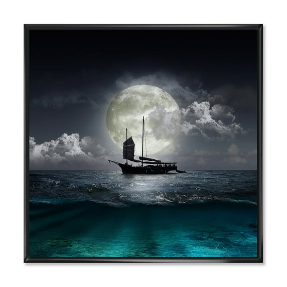 Designart 'The Lake During Full Moon With Fisher Boat' Nautical & Coastal Framed Canvas Wall Art Print
