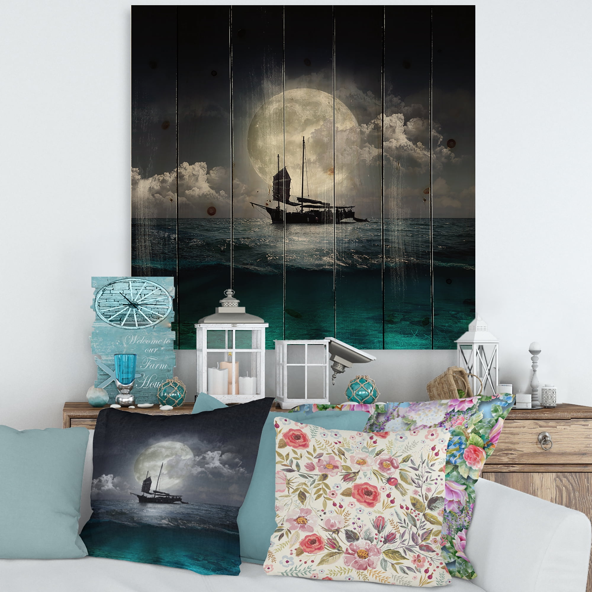 Designart 'The Lake During Full Moon With Fisher Boat' Nautical & Coastal Print on Natural Pine Wood