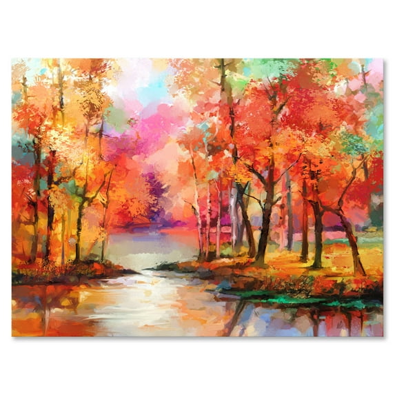 Designart ' The Lake In Autumn By Colorful Autumn Trees ' Modern Canvas Wall Art Print