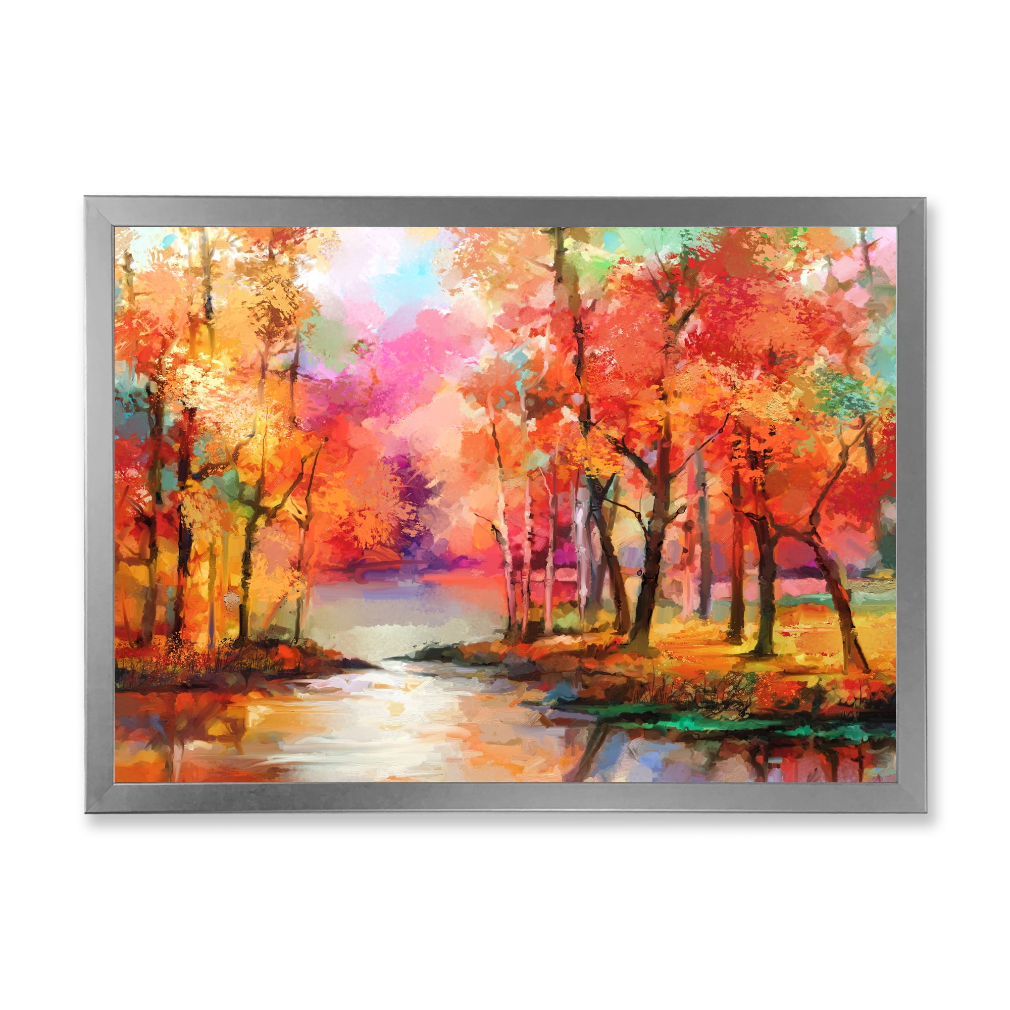 Designart 'The Lake In Autumn By Colorful Autumn Trees' Modern Framed Art Print