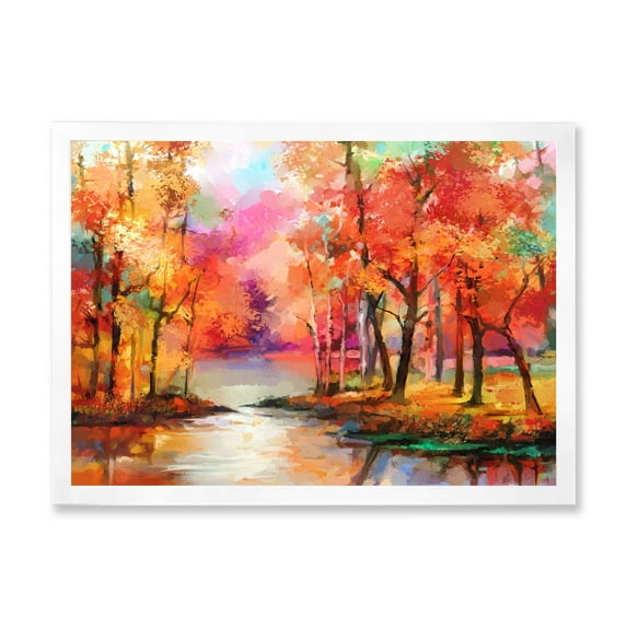 Designart 'The Lake In Autumn By Colorful Autumn Trees' Modern Framed Art Print