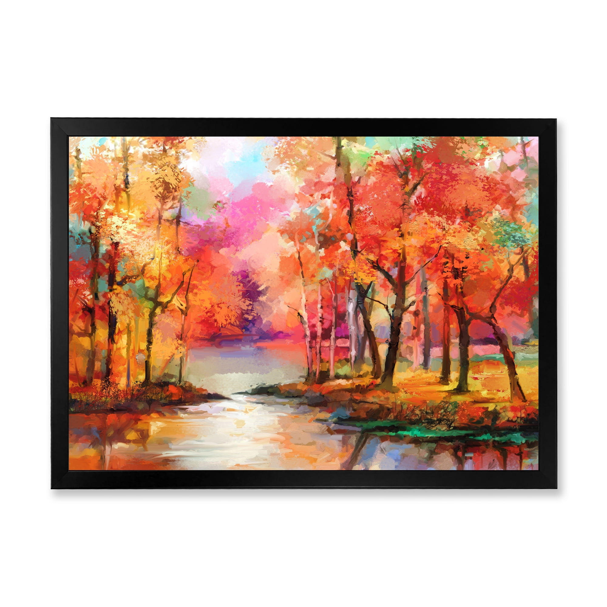 Designart 'The Lake In Autumn By Colorful Autumn Trees' Modern Framed Art Print