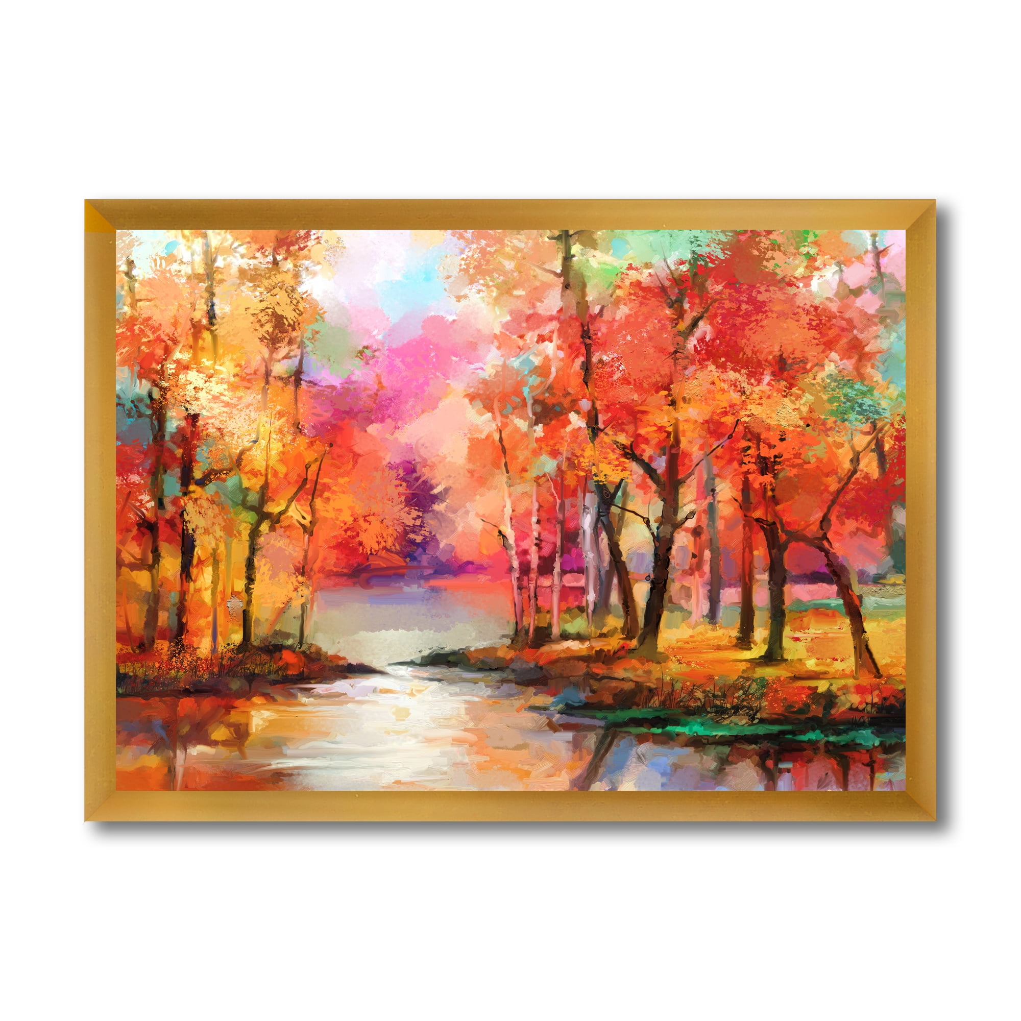 Designart 'The Lake In Autumn By Colorful Autumn Trees' Modern Framed Art Print