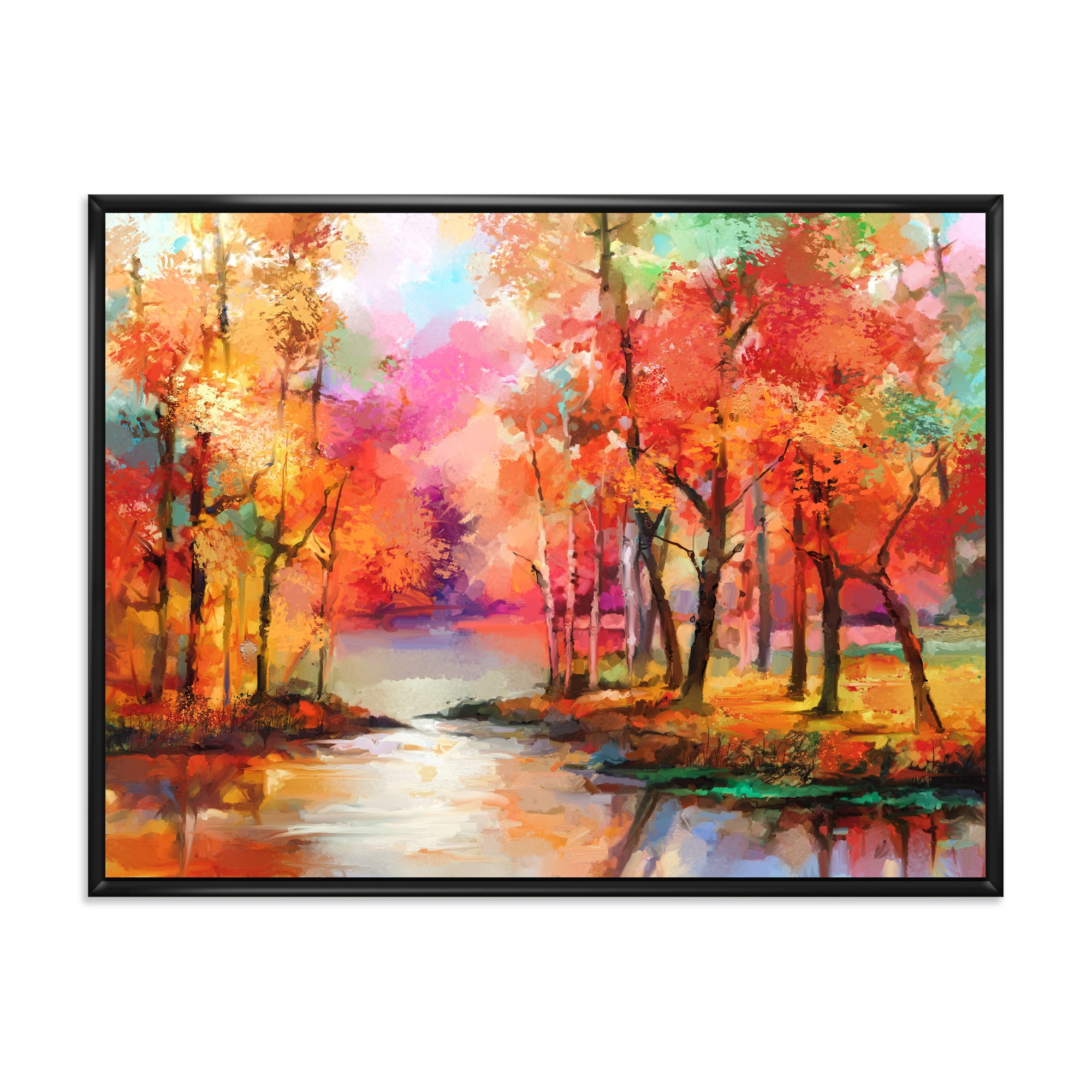 Designart 'The Lake In Autumn By Colorful Autumn Trees' Modern Framed Canvas Wall Art Print