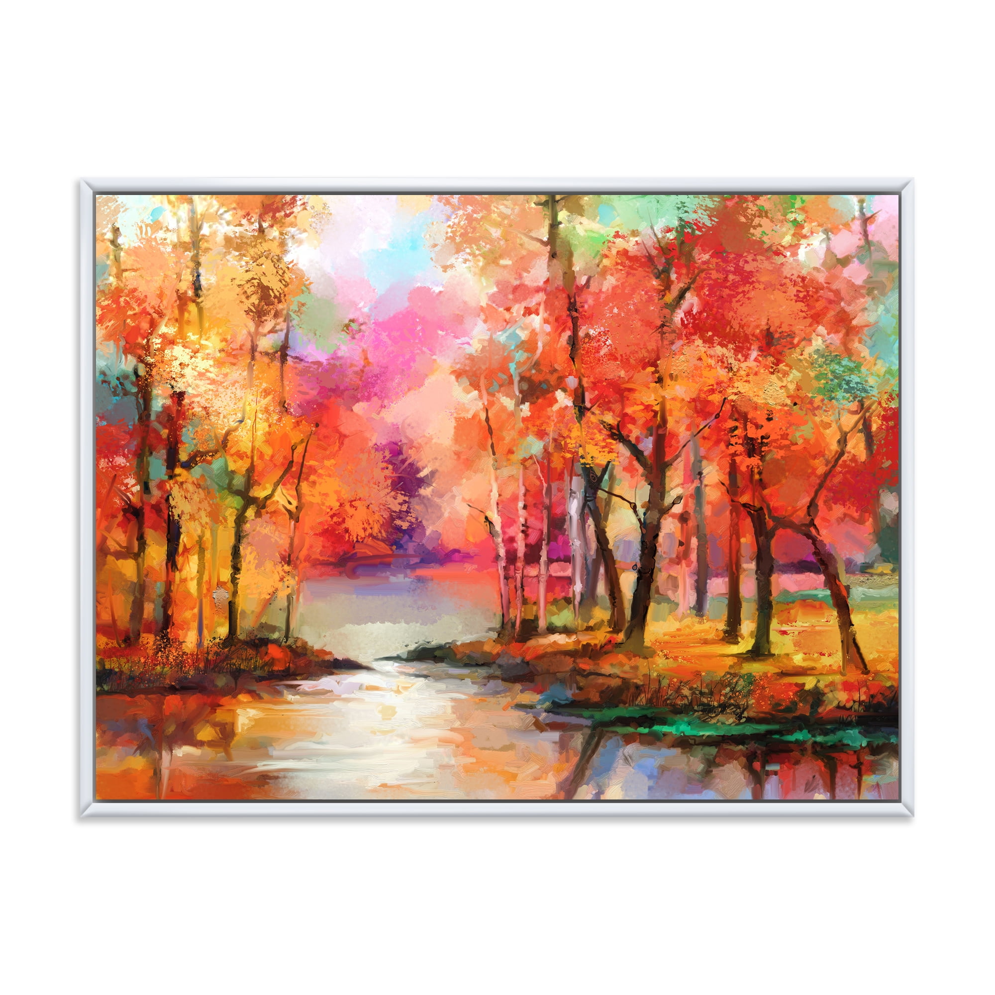 Designart 'The Lake In Autumn By Colorful Autumn Trees' Modern Framed Canvas Wall Art Print