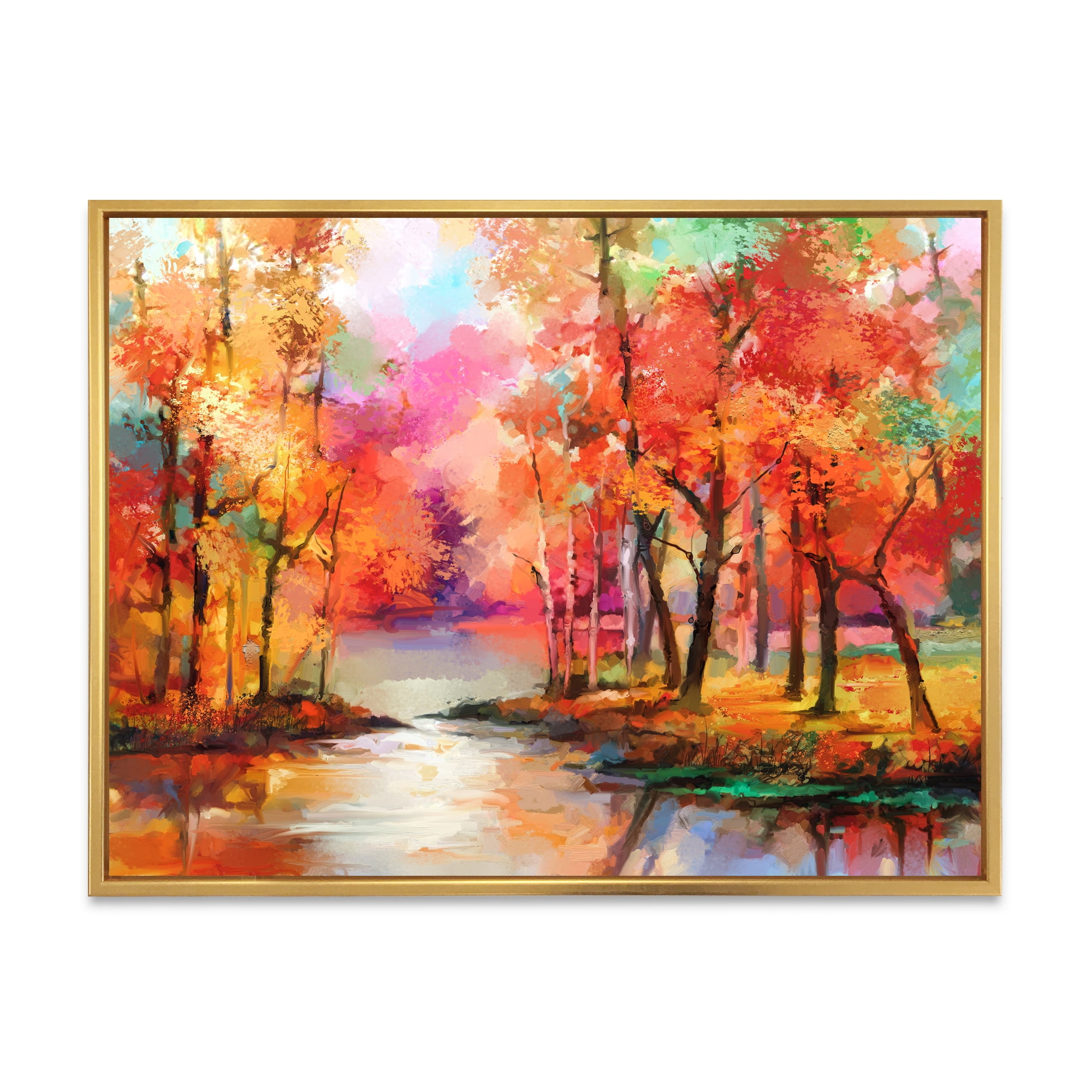 Designart 'The Lake In Autumn By Colorful Autumn Trees' Modern Framed Canvas Wall Art Print