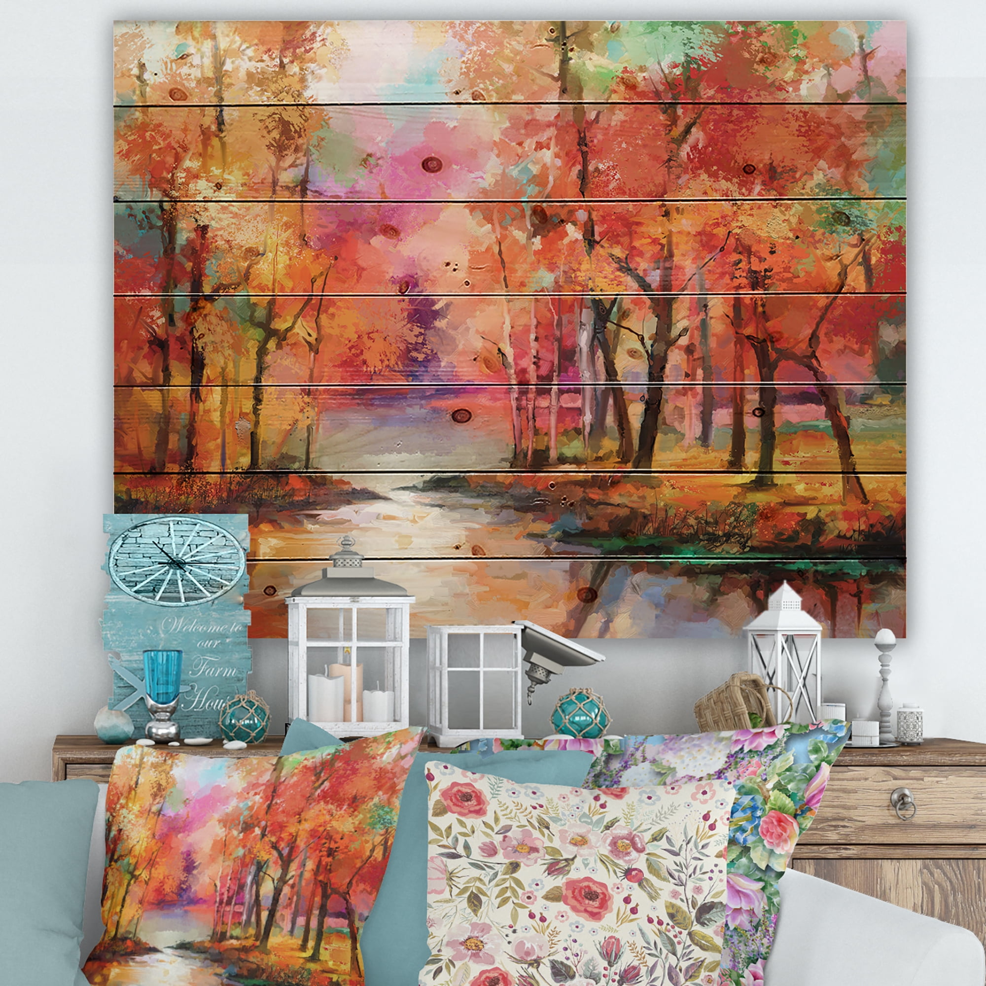 Designart 'The Lake In Autumn By Colorful Autumn Trees' Modern Print on Natural Pine Wood
