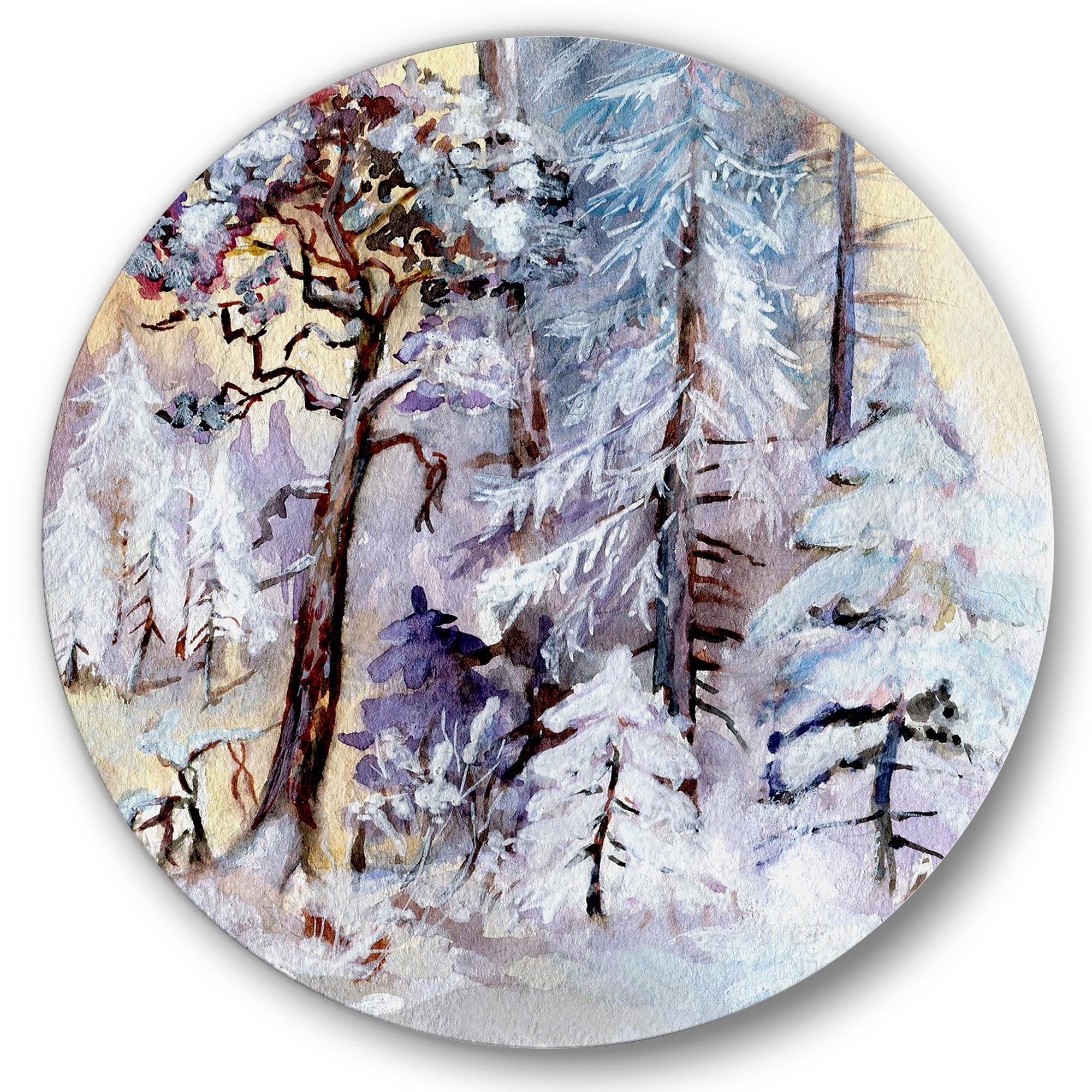 Designart 'The Lake With Winter Snowy Forest' Lake House Circle Metal Wall Art 36x36 - Disc of 36