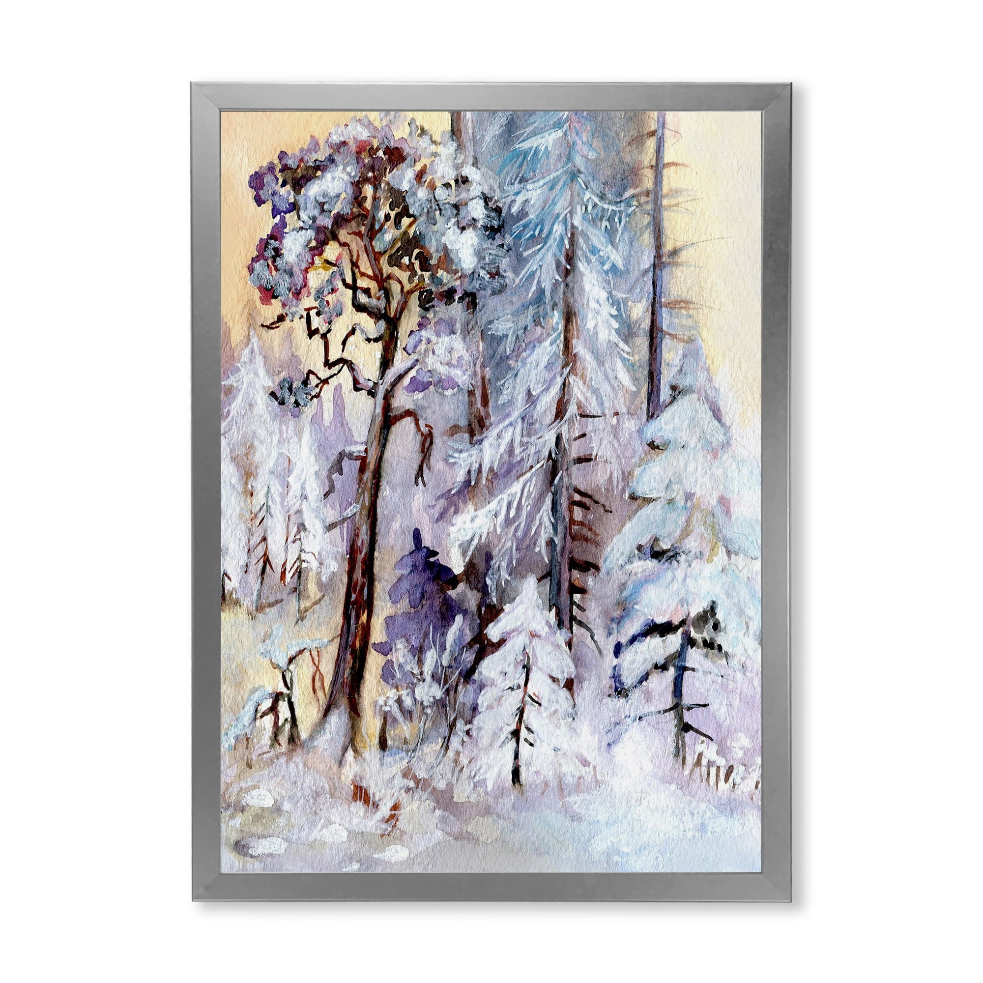 Designart 'The Lake With Winter Snowy Forest' Lake House Framed Art Print