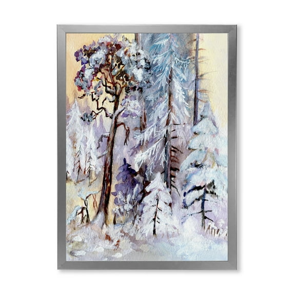 Designart 'The Lake With Winter Snowy Forest' Lake House Framed Art Print
