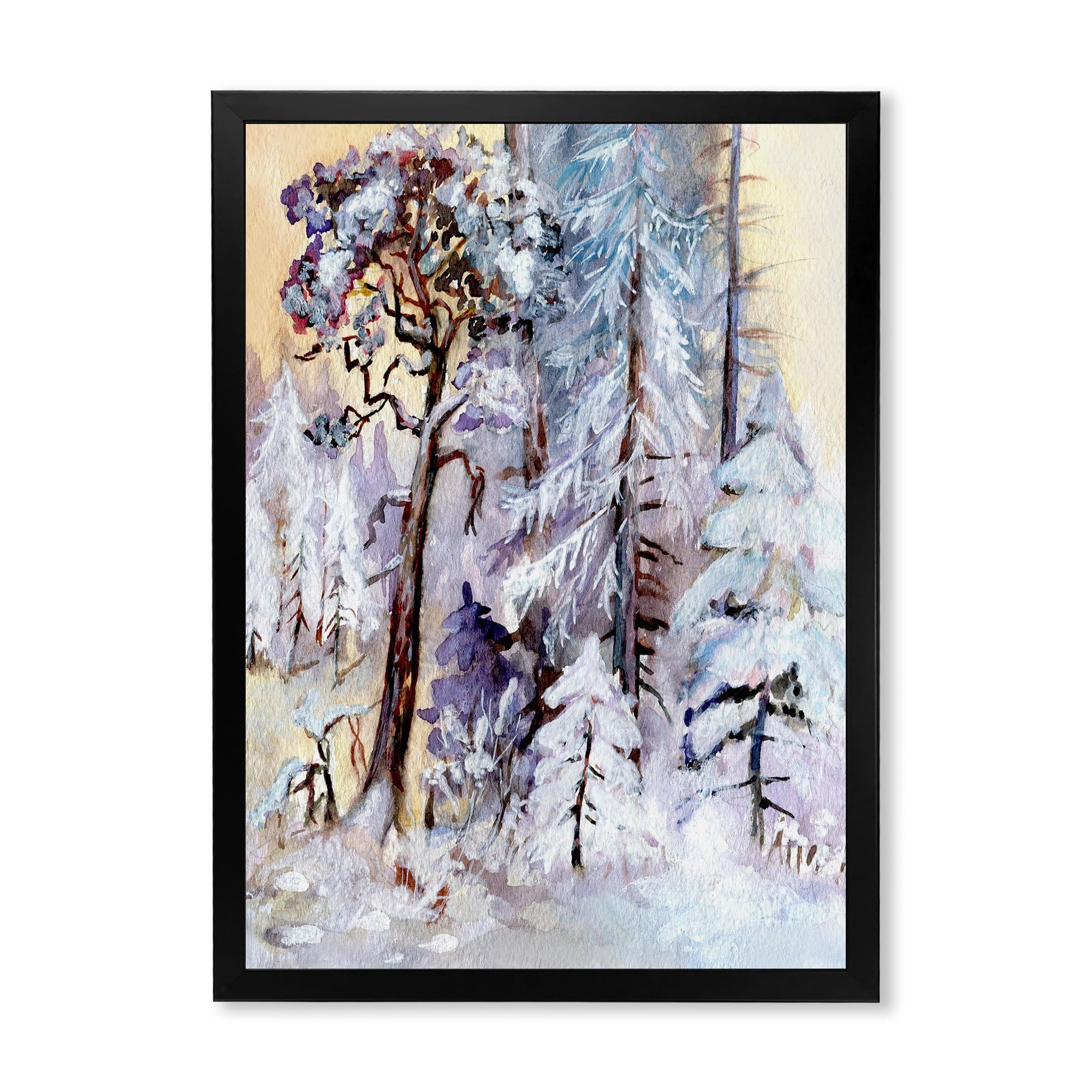Designart 'The Lake With Winter Snowy Forest' Lake House Framed Art Print