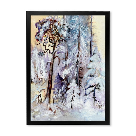 Designart 'The Lake With Winter Snowy Forest' Lake House Framed Art Print