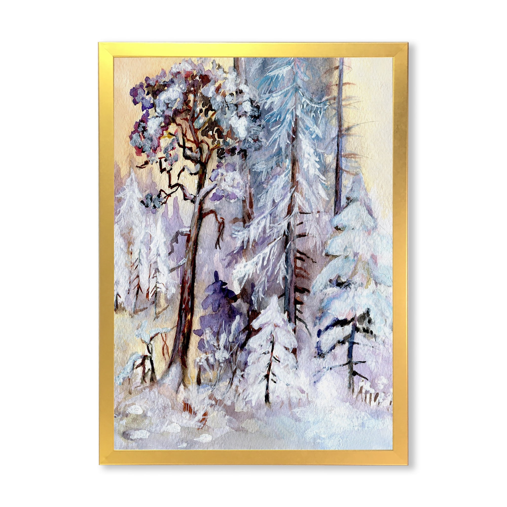Designart 'The Lake With Winter Snowy Forest' Lake House Framed Art Print