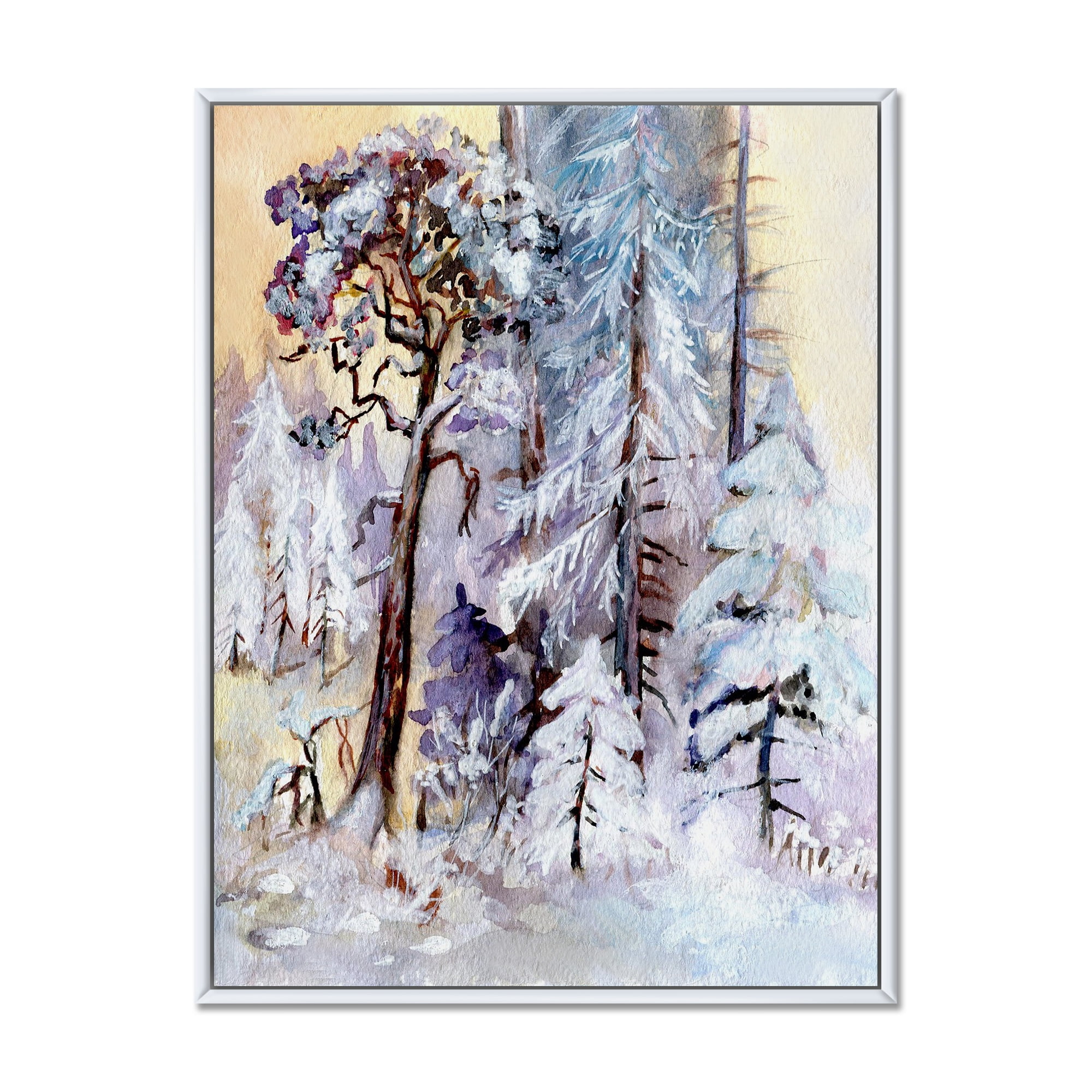 Designart 'The Lake With Winter Snowy Forest' Lake House Framed Canvas Wall Art Print