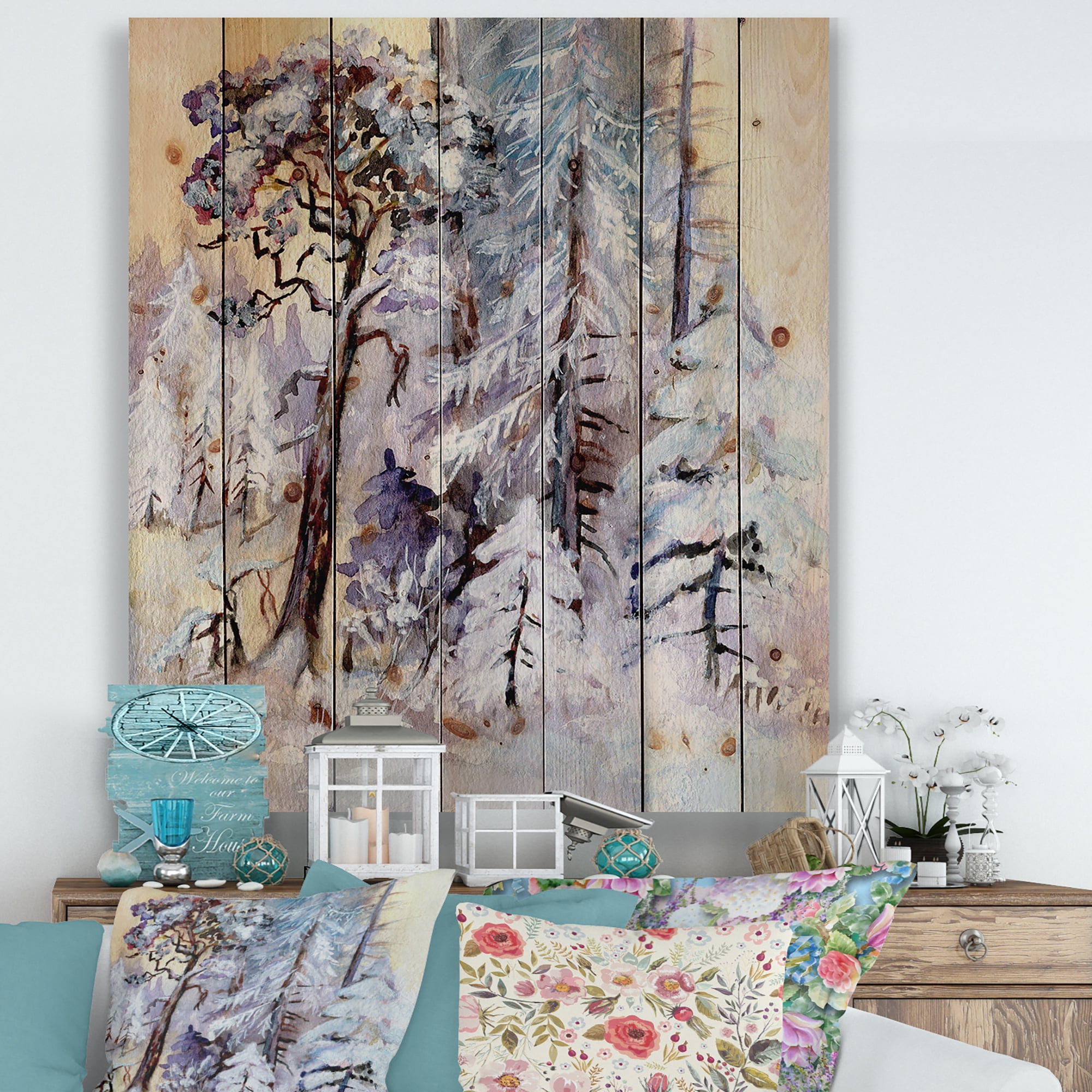 Designart 'The Lake With Winter Snowy Forest' Lake House Print on Natural Pine Wood