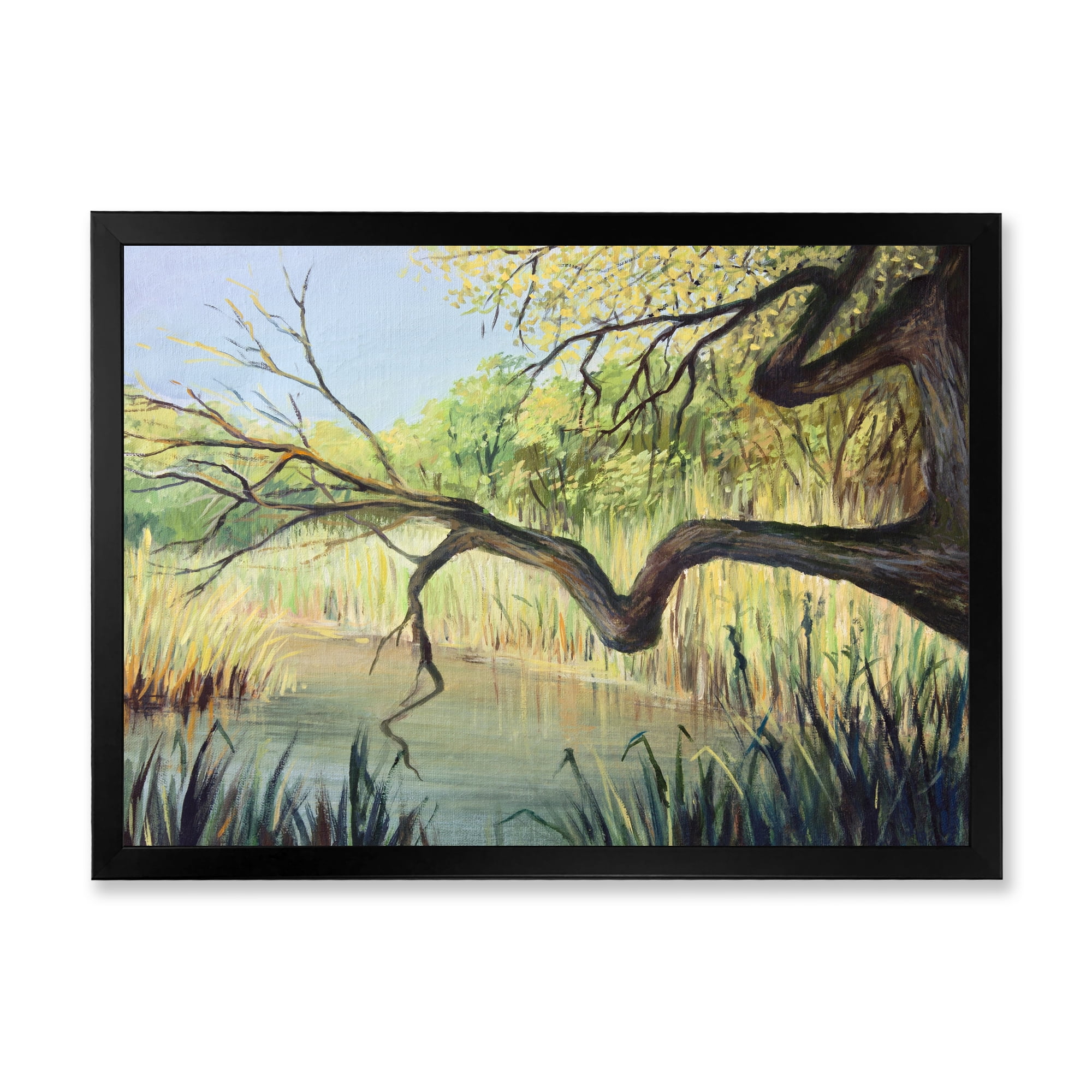 Designart 'The Lake of Silence From The Tree' Lake House Framed Art Print