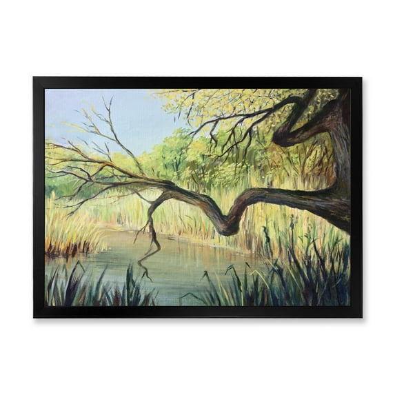 Designart 'The Lake of Silence From The Tree' Lake House Framed Art Print