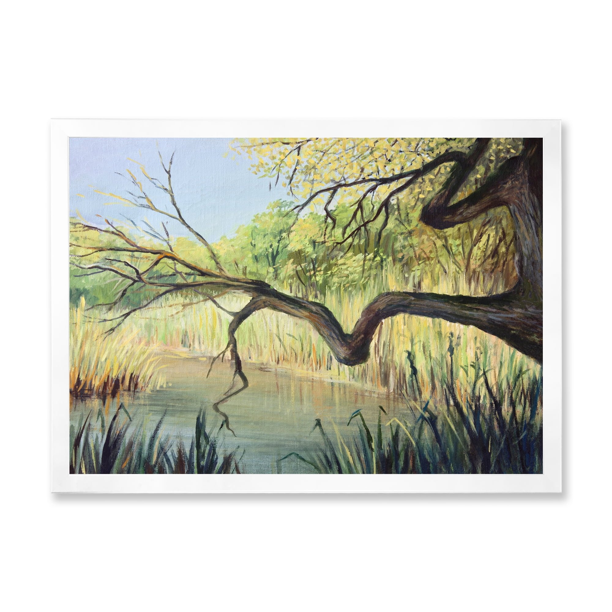 Designart 'The Lake of Silence From The Tree' Lake House Framed Art Print
