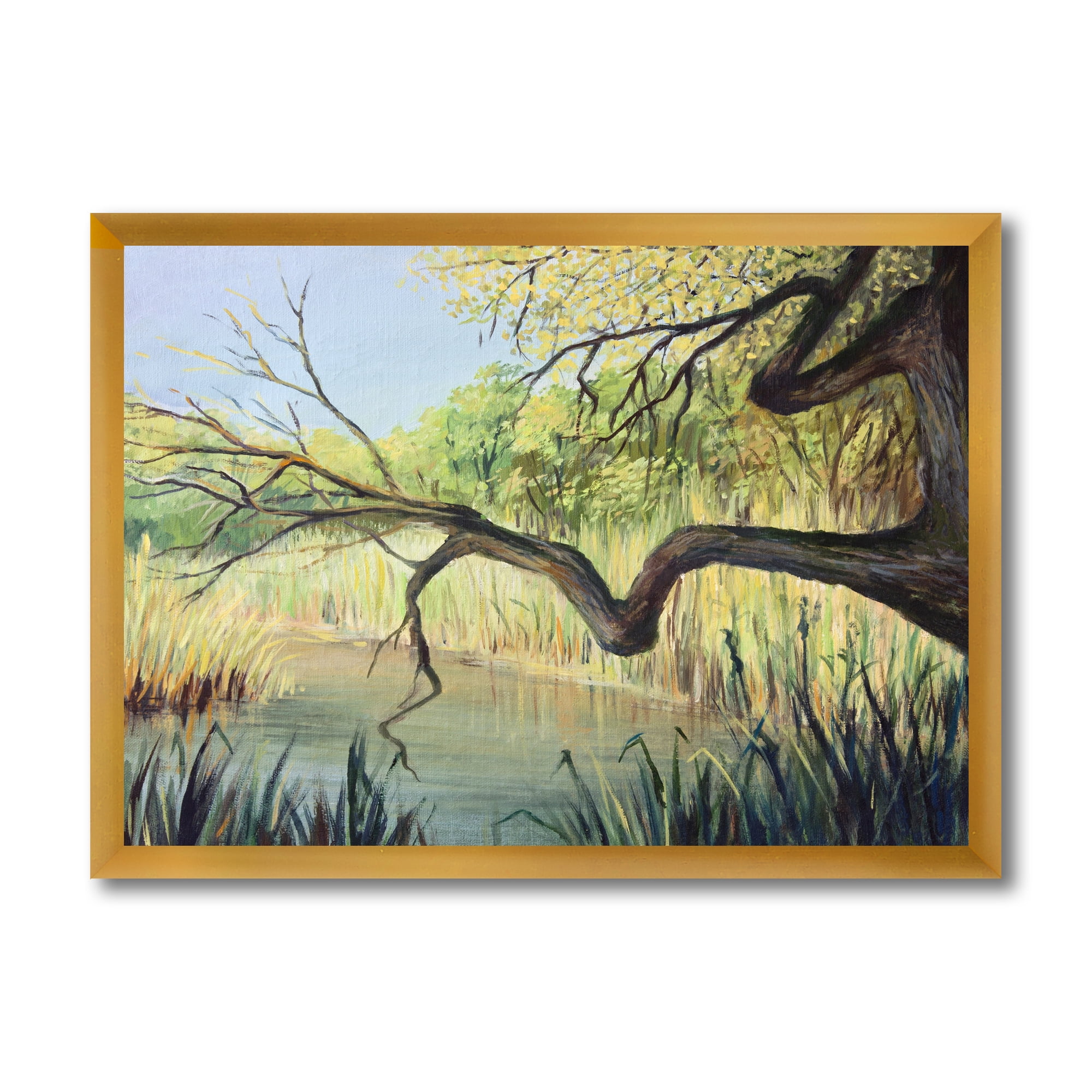 Designart 'The Lake of Silence From The Tree' Lake House Framed Art Print