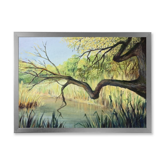 Designart 'The Lake of Silence From The Tree' Lake House Framed Art Print