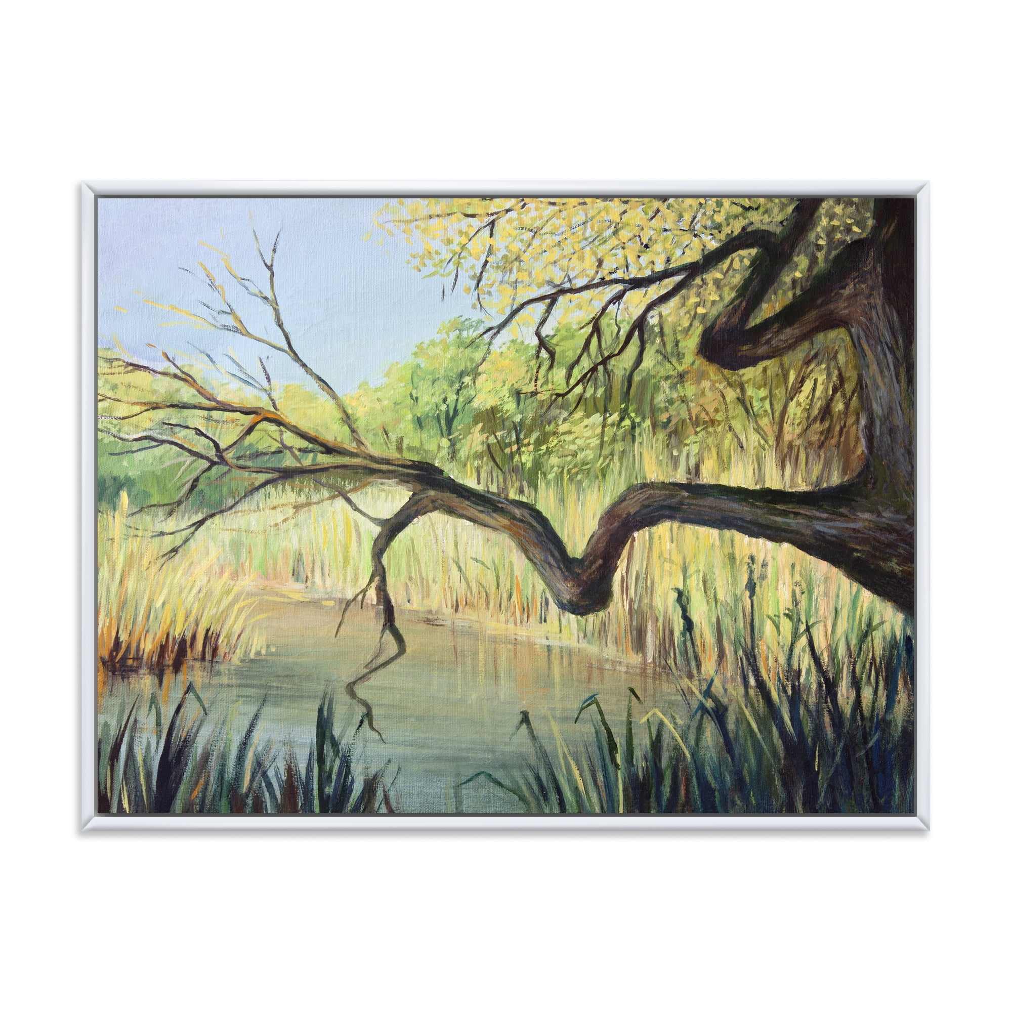 Designart 'The Lake of Silence From The Tree' Lake House Framed Canvas Wall Art Print