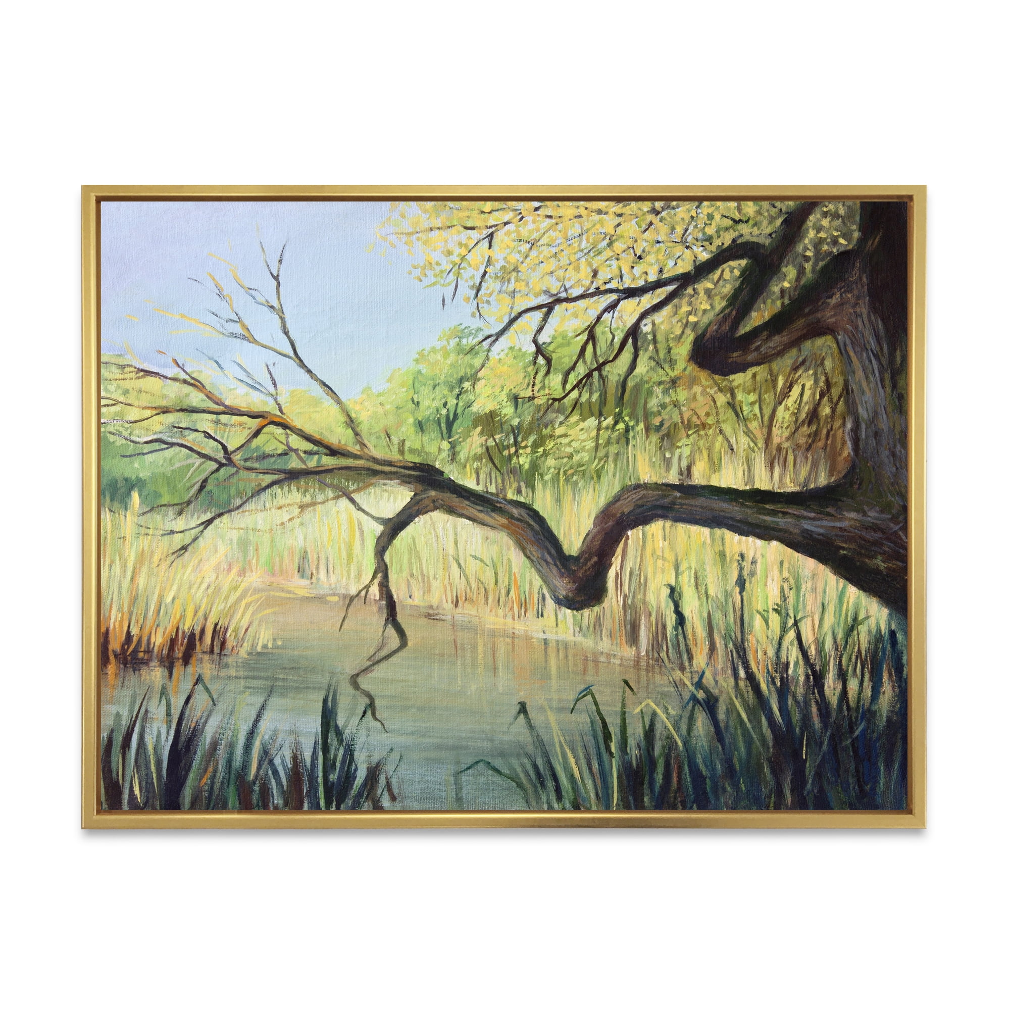 Designart 'The Lake of Silence From The Tree' Lake House Framed Canvas Wall Art Print